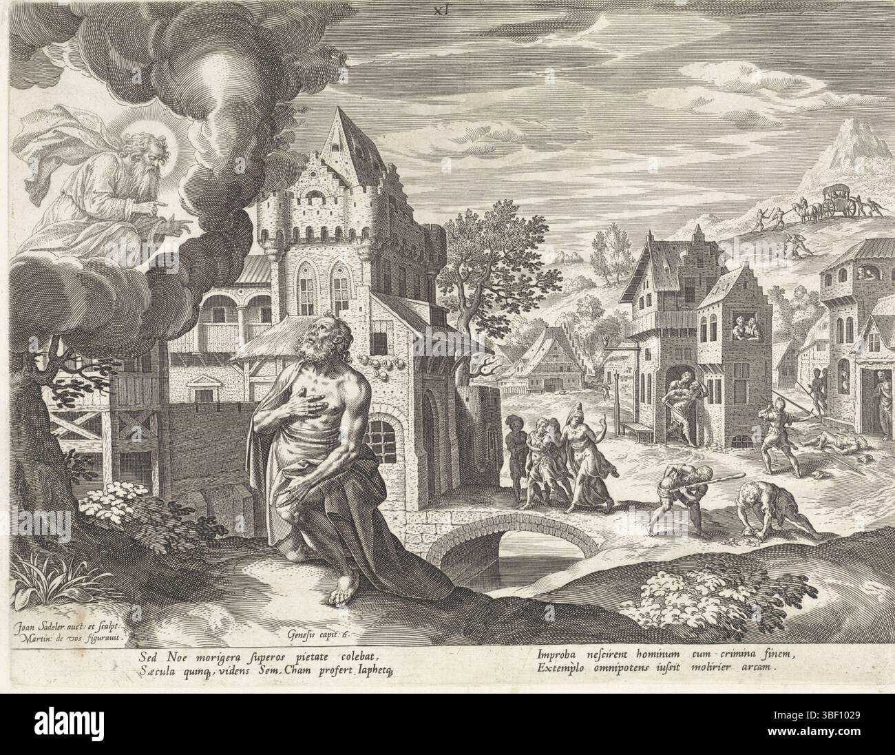 Anversa, Sadeler, Johann (i), Vos, Maerten de, Anversa, Bonorum et Malorum consensio, storia della famiglia degli insiemi, sul buon e il cattivo giudizio, Bonorum et malorum, Dio appare a Noè, verso sinistra sotto - timbrato, Dio appare a Noè e gli ordina di costruire un'arca. Sullo sfondo, le persone vengono derubate e uccise. La stampa ha una didascalia latina., stampa, altezza 211 mm, larghezza 274 mm, Zuid-Nederlands, 1550 - 1600-08, stampatore, 1586 - 1586, carta, incisione, incisione (processo di stampa), 1532 - 1603-12-04, tiratore intermedio, dopo il disegno, concezione del lavoro, dopo il design, scrittore, Publica Foto Stock