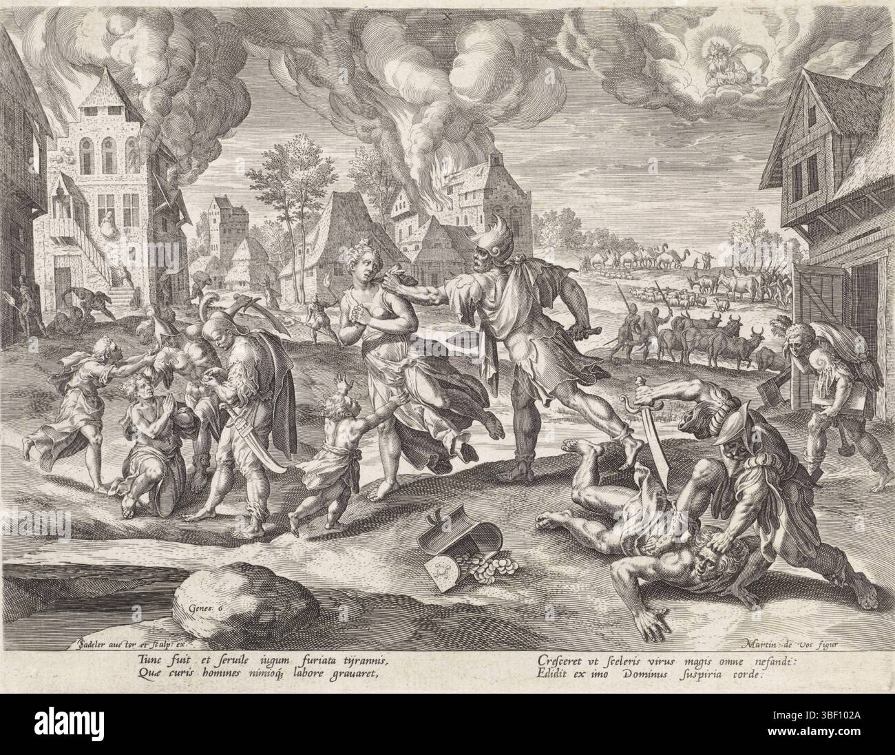 Anversa, Sadeler, Johann (i), Vos, Maerten de, Anversa, Bonorum et Malorum consensio, storia della famiglia del set, sul buon e il cattivo giudizio, la corruzione e la violenza sulla terra prima dell'alluvione, verso sinistra - timbrato, in primo piano uomini, donne e bambini vengono attaccati da soldati o rapinatori. Rubano i loro beni e bruciano le loro case. Dio guarda dalle nuvole. La stampa ha una didascalia latina., stampa, altezza 210 mm, larghezza 274 mm, Zuid-Nederlands, 1550 - 1600-08, stampatore, 1586, carta, incisione, incisione (processo di stampa), 1532 - 1603-12-04, tiratore intermedio, Foto Stock