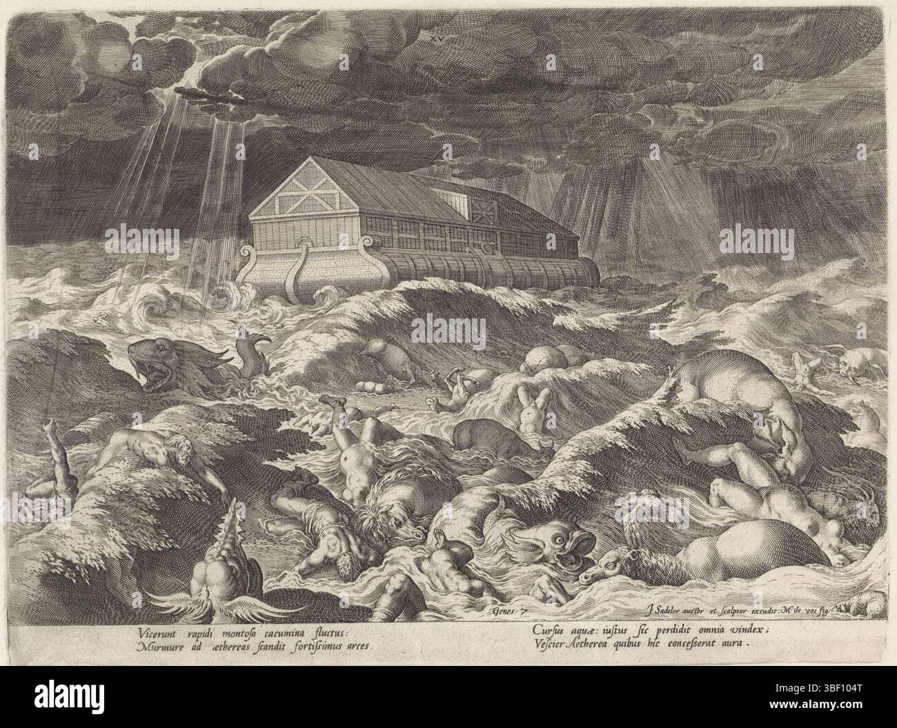 Anversa, Sadeler, Johann (i), Vos, Maerten de, Anversa, Bonorum et Malorum consensio, storia della famiglia del set, sul buon e il cattivo giudizio, distruzione dell'umanità da parte dell'alluvione, verso sinistra sotto - timbrata, uomini, donne e animali galleggiano senza vita nel mare, catturati dall'alluvione. Nel mezzo del quadro l'arca di Noè. Nel cielo i primi raggi del sole attraversano le nuvole scure. La stampa ha una didascalia latina. Stampa, altezza 203 mm, larghezza 272 mm, olandese meridionale, 1550 - 1600-08, stampatore, 1586 - 1586, carta, incisione, incisione (processo di stampa), 1532 - 1603-12-04, trascinamento intermedio Foto Stock