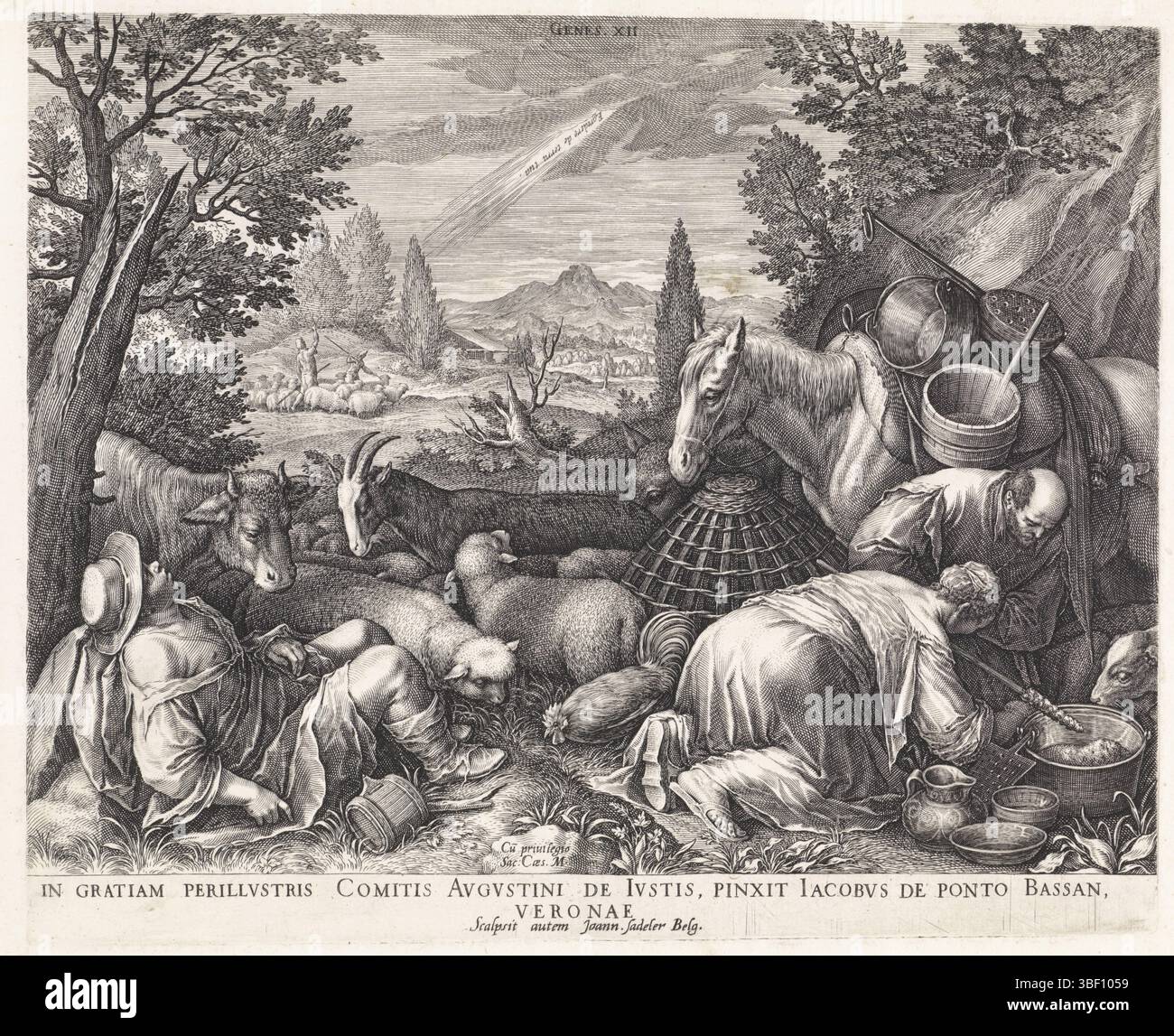 Corte imperiale, Bassano, Jacopo, sconosciuto, Sadeler, Giovanni (i), chiamando Abramo, verso lasciato sotto - timbrato, Abramo dorme contro un albero calvo. Dal cielo viene un raggio di luce e la voce di Dio. In primo piano a destra Sara e Lot vicino a un cavallo., stampa, altezza 212 mm, larghezza 261 mm, olandese meridionale, 1550 - 1600-08, stampatore, 1560 - 1600, carta, incisione, incisione (processo di stampa), italiano, 1515 - 1592-02-14, dopo, per pittura, fornitore di privilegi Foto Stock