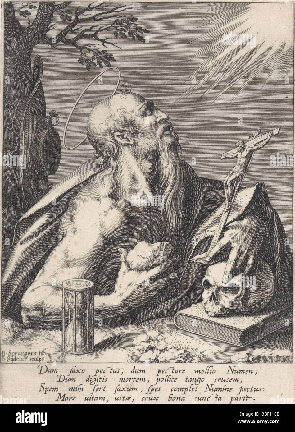 Spranger, Bartholomeus, Anversa, Sadeler, Johann (i), Sant'Ieronimo, verso il basso a sinistra - timbrato, Santo Ieronimo in penitenza. Busto a destra, pietra nella mano destra, crocifisso a sinistra. La croce è basata su un libro e un teschio. La stampa ha una didascalia latina con spiegazione., stampa, altezza 160 mm, larghezza 122 mm, Zuid-Nederlands, 1550 - 1600-08, stampatore, 1560 - 1600, carta, incisione, incisione (processo di stampa), concezione del lavoro, 1546-03-21 - 1611-08 Foto Stock Spranger, Bartholomeus, Anversa, Sadeler, Johann (i), Sant'Ieronimo, verso il basso a sinistra - timbrato, Santo Ieronimo in penitenza. Busto a destra, pietra nella mano destra, crocifisso a sinistra. La croce è basata su un libro e un teschio. La stampa ha una didascalia latina con spiegazione., stampa, altezza 160 mm, larghezza 122 mm, Zuid-Nederlands, 1550 - 1600-08, stampatore, 1560 - 1600, carta, incisione, incisione (processo di stampa), concezione del lavoro, 1546-03-21 - 1611-08 Foto Stock