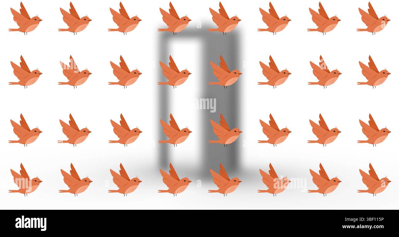 Immagine di uccelli arancioni in movimento sopra la porta degli uccelli Foto Stock