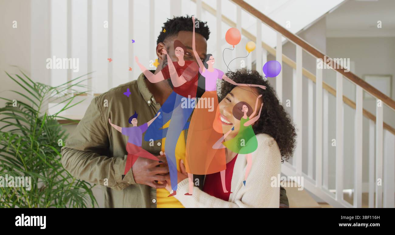 Immagine di un'icona di famiglia sulla felice coppia afroamericana che si tiene per mano Foto Stock