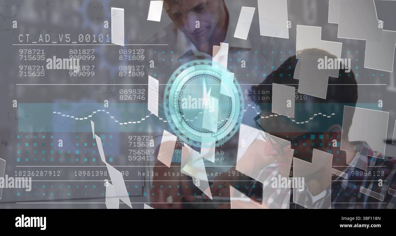 Immagine dell'elaborazione dei dati, delle icone dei file e dell'orologio su diversi dipendenti aziendali in ufficio Foto Stock