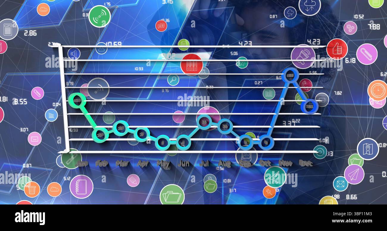Immagine di una rete di icone digitali ed elaborazione di dati statistici su fotografo caucasico Foto Stock