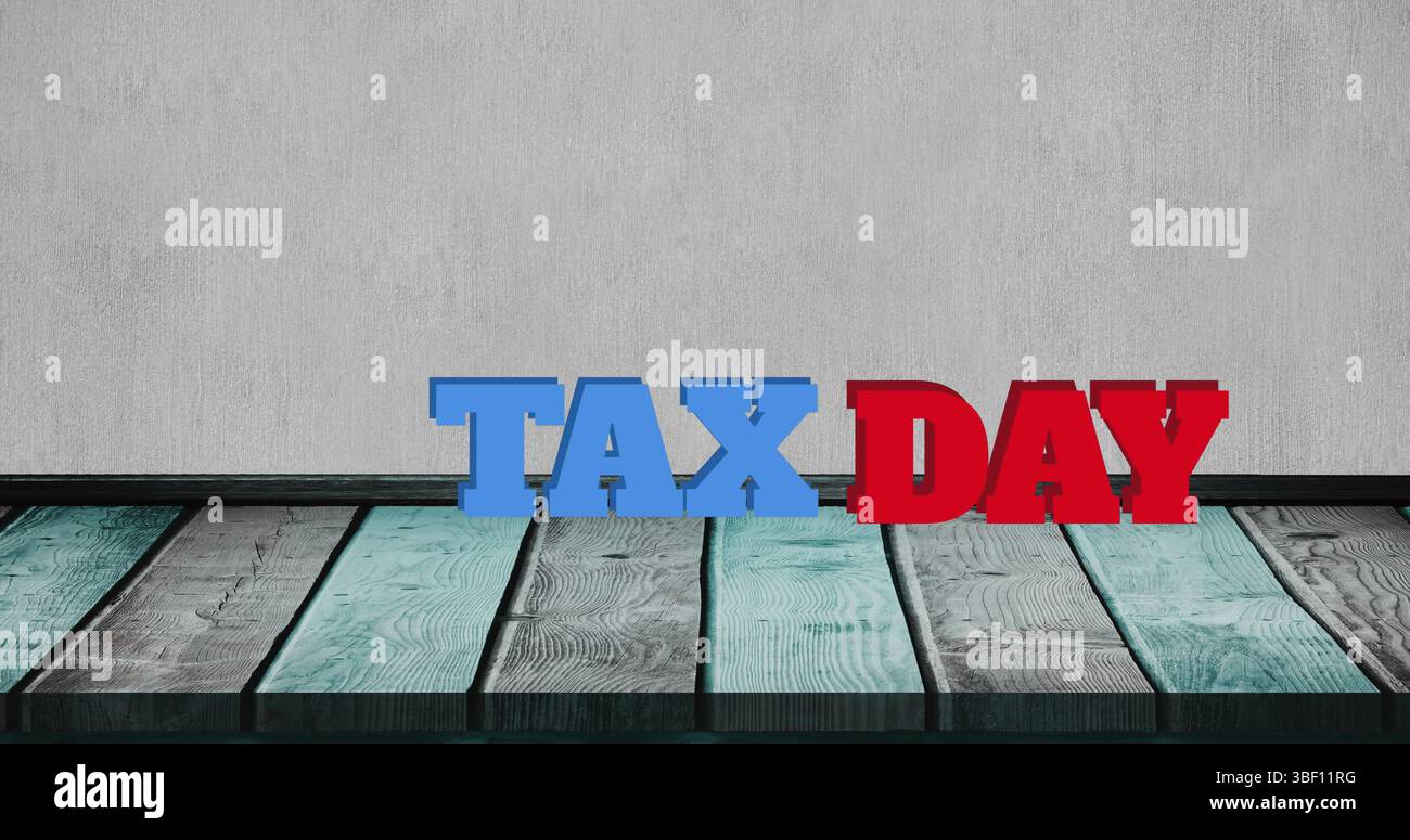 Immagine del testo del giorno fiscale su sfondo grigio Foto Stock