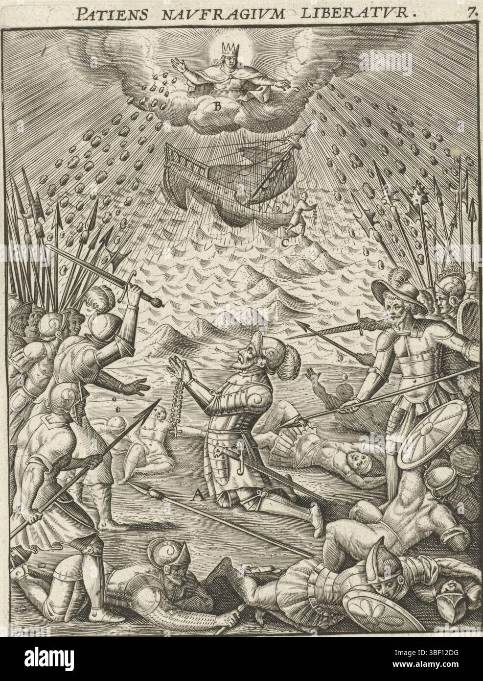 Anversa, Galle, Theodoor, Anversa, Miracula e Beneficia SS. Rosario, quindici miracoli del rosario, patiens Navfragivm liberatvr, Mirakel durante la battaglia di Muret, verso centro - timbrato, durante la battaglia di Muret (1213) Simon de Montfort prega con il Rosario per una vittoria contro l'esercito Albig. La Vergine Maria viene in suo aiuto e getta pietre sui soldati eretici. Sullo sfondo un uomo cammina sull'acqua durante una tempesta mentre dice di pregare con un rosario. La stampa ha una didascalia latina con legenda e fa parte di una serie di quindici parti sui miracoli del rosario, stampa, altezza Foto Stock