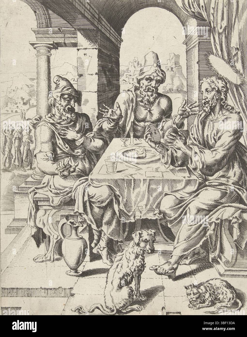 Haarlem, Heemskerck, Maarten van, Haarlem, Coornhert, Dirck Volckertsz., caduta e redenzione dell'umanità attraverso la vita e la passione di Cristo, pasto in Emmaus, Cristo e due apostoli siedono intorno a un tavolo. Cristo rompe il pane e rivela così la sua identità. Sullo sfondo i due apostoli e Cristo viaggiano verso Emmaus. La stampa fa parte di una serie di trenta parti con stampe sulla caduta e la passione di Cristo., stampa, larghezza 197 mm, altezza, 250 mm, Noord-Nederlands, 1522 - 1590-10-29, stampatore, 1548 - 1548, carta, incisione, etsen, 1498 - 1574, drammaturgo intermedio Foto Stock