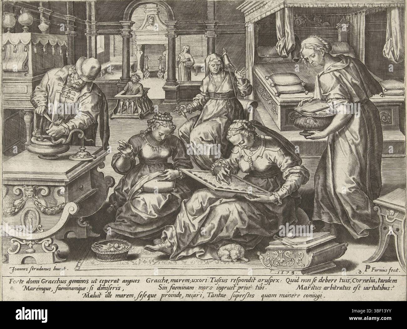 Straet, Jan van der, Furnius, Pieter Jalhea, storie romane, Cornelia e Gracco in interni, con il verso-timbrato, Cornelia e suo marito Tiberio Sempronio Gracco sono esposti in interni. Gracchus uccide due serpenti a sinistra, Cornelia siede a destra di tre donne. Nel margine sotto la rappresentazione c'è un testo in latino, riflesso a destra: 6. La stampa fa parte di una serie di stampe raffiguranti eventi della storia romana., stampa, altezza 223 mm, larghezza 296 mm, 1540 - 1626, stampatore, 1573 - 1573, carta, incisione, incisione (processo di stampa), Work Conception, Zuid-Nederlands, 1523 Foto Stock