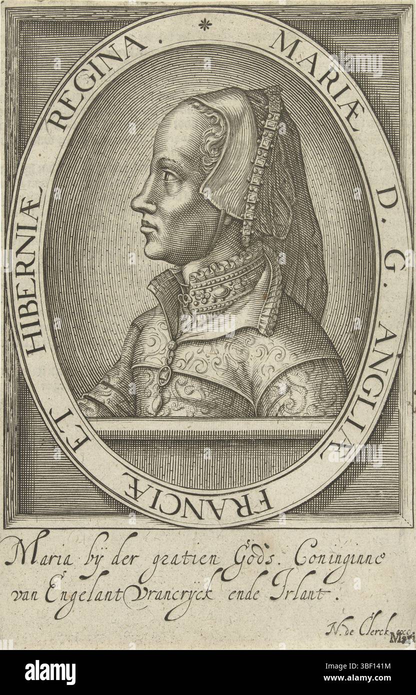Delft, Delft, Clerck, Nicolaes de, Ritratto di Maria Tudor, Regina d'Inghilterra, Regina d'Inghilterra. Busto a sinistra. La stampa ha una didascalia olandese., stampa, illustrazione del libro, stampe, altezza 189 mm, larghezza 121 mm, pubblicazione (evento), pubblicazione, 1570 - 1623, editore, 1615 - 1615, carta, incisione, incisione (processo di stampa), stampatore, stampatore Foto Stock