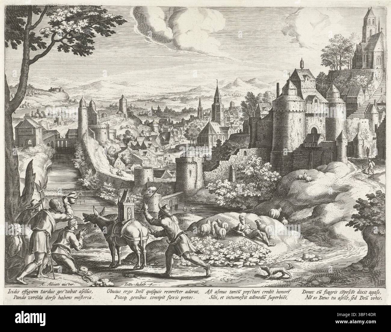 Alciato, Andrea, Bol, Hans, Venezia, Sadeler, Johann (i), emblemi in un paesaggio, paesaggio con l'emblema sul culto dell'idolo di Iside, verso sinistra sotto - paesaggio collinare impresso con una città e le mura. Sulla sinistra in primo piano, alcuni contadini adorano una statua della dea femminile Iside trasportata su un asino. Accanto all'asino c'è un uomo che con una frusta punisce l'animale. L'asino pensa che la gente lo adori invece di Iside. Questa è l'immaginazione di un emblema in cui la moralità della storia mette in guardia contro l'arroganza e l'inmeritato onore. La stampa ha una didascalia latina Foto Stock