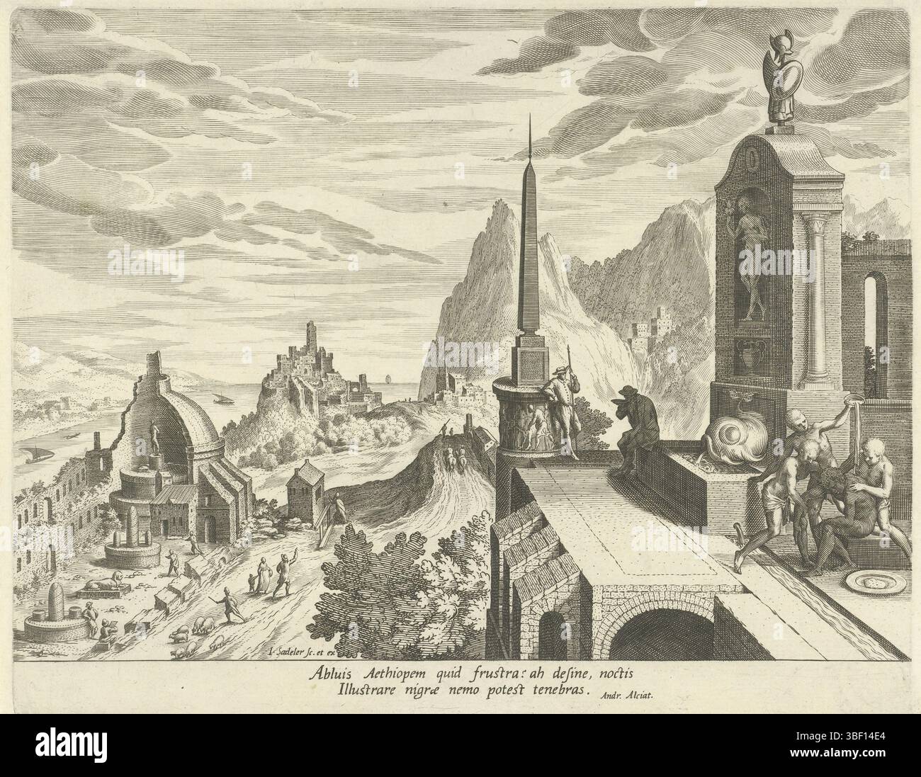 Italia, Sadeler, Johann (i), Alciato, Andrea, Cleve, Hendrick van, emblemi in un paesaggio, paesaggio con l'emblema su lavaggio di un Moro, Italia, verso il basso a sinistra - stampato, paesaggio del fiume Rocky con le classiche rovine romane. Proprio sulla terrazza sul tetto di un edificio, tre ragazzi bianchi cercano di lavare via il colore nero di un Moro. Questa è l'immaginazione di un emblema con il messaggio dell'impossibilità di alcune imprese. La stampa ha una didascalia latina con la didascalia dell'emblema impossibile di Andrea Alciati., stampa, altezza 215 mm, larghezza 270 mm, olandese meridionale, 1550 - 1600-08, stampatore, 1595 - 16000, Foto Stock