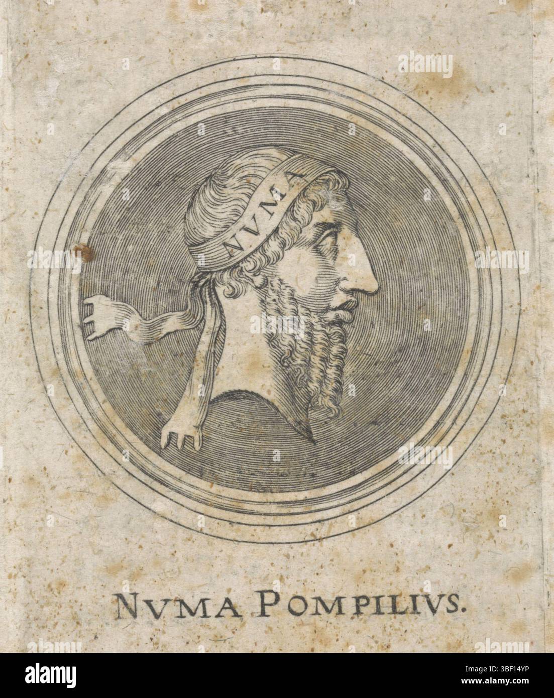 Ingolstadt, Eder, Wilhelm, Monaco, Sadeler, Raffaello (II), Raffaello (i), Ritratto di Numa Pompilius, verso sinistra sotto - timbrato, Capo di Numa Pompilio, secondo re di Roma. Ad una moneta antica del periodo dell'Impero Romano, stampa, illustrazione di libri, stampe, altezza 83 mm, larghezza 53 mm, altezza 116 mm, larghezza 69 mm, Zuid-Nederlands, 1584-12-20 - 1632, stampatore, 1623 - 1623, carta, incisione, incisione (processo di stampa), stampa di lettere, stampa di libri, 1560, pubblicazione (evento), pubblicazione, editore, editoria, tedesco - 1660, stampante Foto Stock