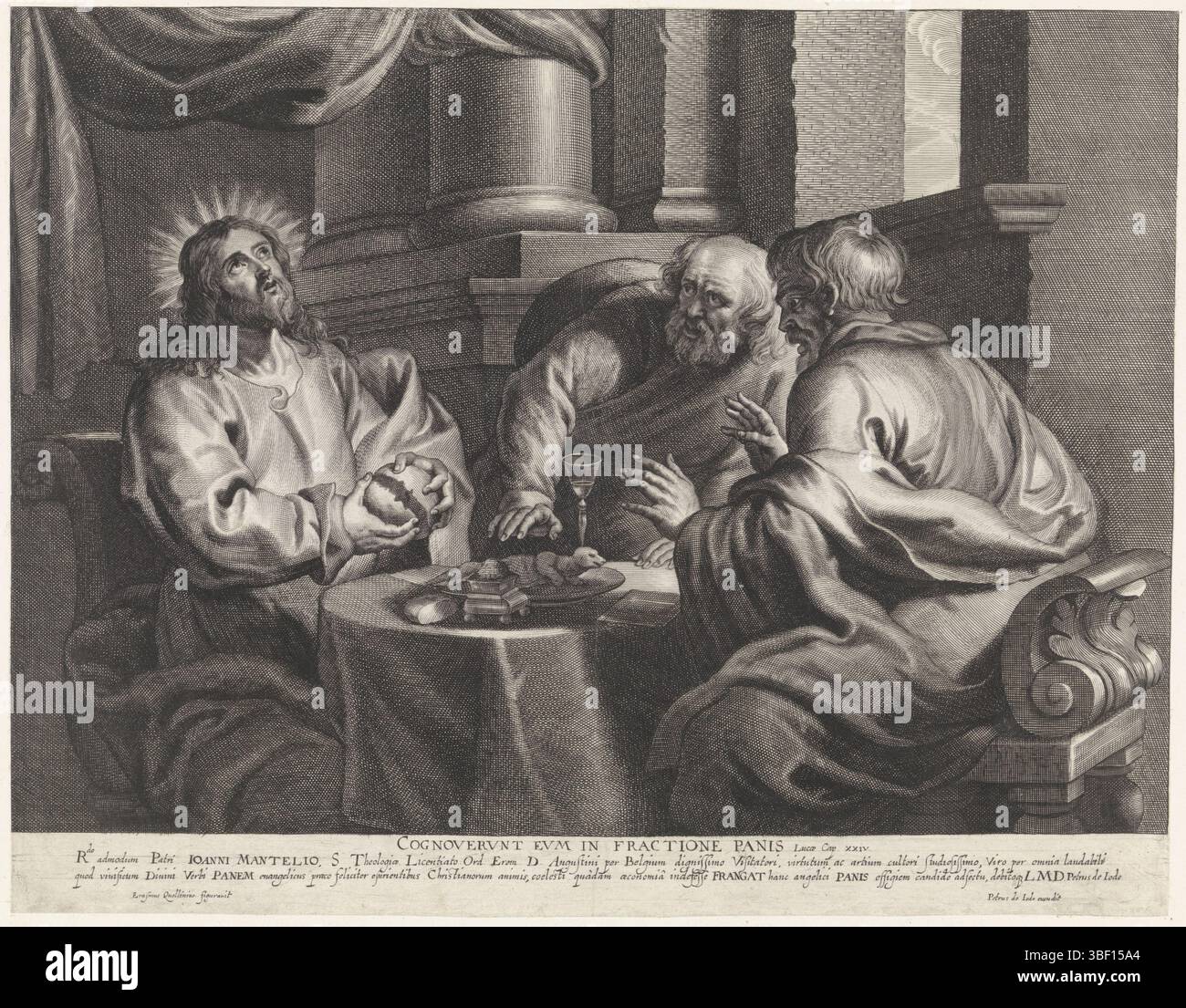 Jode, Pieter de (II), Quellino, Erasmus (i), Anversa, Gioda, pasto a Emmaus, verso in basso a sinistra - timbrato, interno con Cristo e due apostoli seduti intorno a un tavolo. Cristo rompe il pane e rivela così la sua identità. I due apostoli sembrano scioccati. Nel margine una didascalia in latino., stampa, altezza 296 mm, larghezza 378 mm, olandese meridionale, 1606-11-22 - 1674, stampatore, 1628 - 1670, carta, incisione, incisione (processo di stampa), incisione, ideazione del lavoro, 1584 - 1640, dopo la progettazione da parte di, pubblicazione (evento), pubblicazione, editore Foto Stock