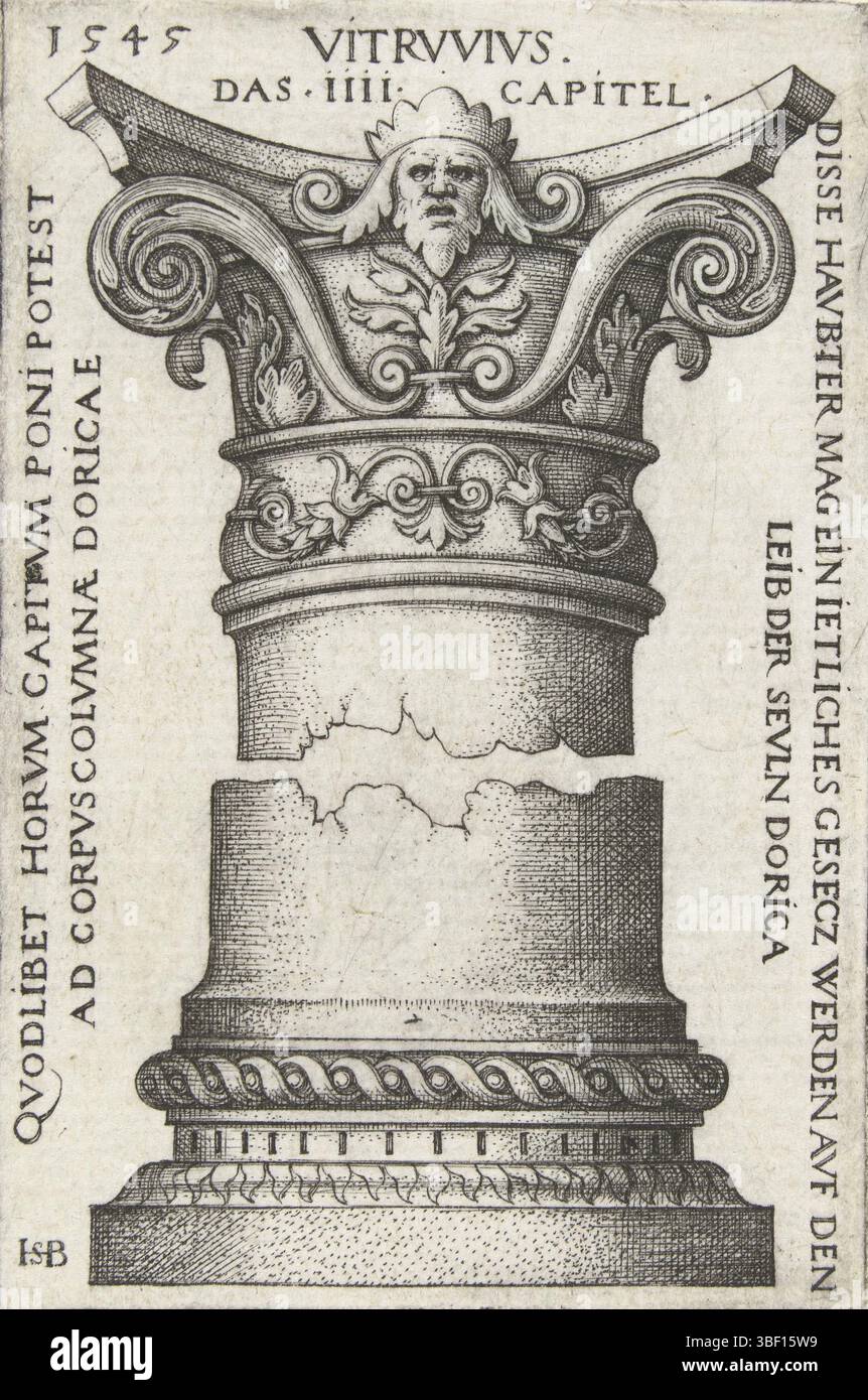 Germania, Germania, Beham, Hans Sebald, capitelli dorici e basi a Vitruvio, capitale Vitrvivs das IIII, Kapiteel, decorato con mascaron e viti in foglia, il seminterrato è decorato con tre bordi, il cui fondo è dentato. 1 foglio da 4 fogli, stampa, stampe ornamentali, stampe, altezza 75 mm, larghezza 50 mm, tedesco, 1502 - 1550-11-22, stampatrice, 1510 - 1550, primo quarto XVI secolo, secondo quarto XVI secolo, terzo quarto XVI secolo, carta, incisione, incisione (processo di stampa), concetto di lavoro, secondo design, pubblicazione (evento), pubblicazione, editore Foto Stock