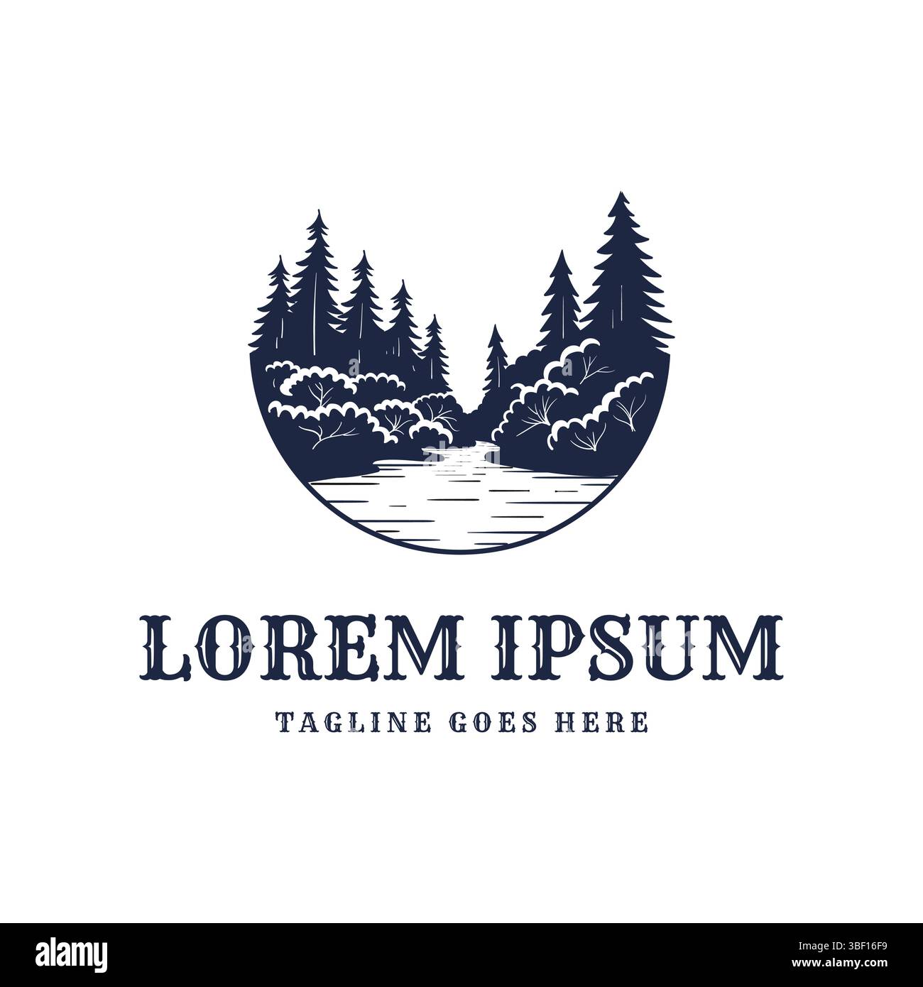 Pine Evergreen Pine Cedar Conifer Evergreen Spruce Cypress Hemlock Fir Trees Forest con River Creek per avventure all'aperto Illustrazione Vettoriale