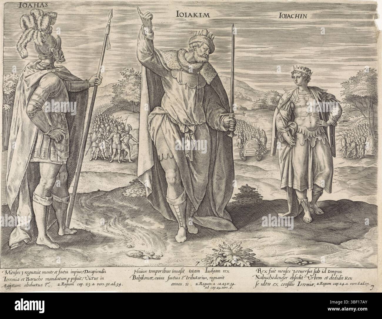 Amsterdam, Visscher, Claes Jansz. II), Vos, Maerten de, Theatrum biblicum, Re di Giuda, Joachaz, Jehoiakim e Jojachin, Amsterdam, verso - timbrati, i re Joachaz, con la lancia in mano, Jehoiakim, con la spada in mano, e il giovane re Jehoiachin. Sullo sfondo eventi importanti della loro vita. Lasciato sullo sfondo la cattura di Joachaz da parte dell'esercito del faraone Necho. Sullo sfondo Jehoiakim viene portato con sé l'esercito del re Nabucodonosor. A destra sullo sfondo la cattura di Jehoiachin da parte dell'esercito del re Nabucodonosor. Sotto la rappresentazione i riferimenti alla Bi Foto Stock