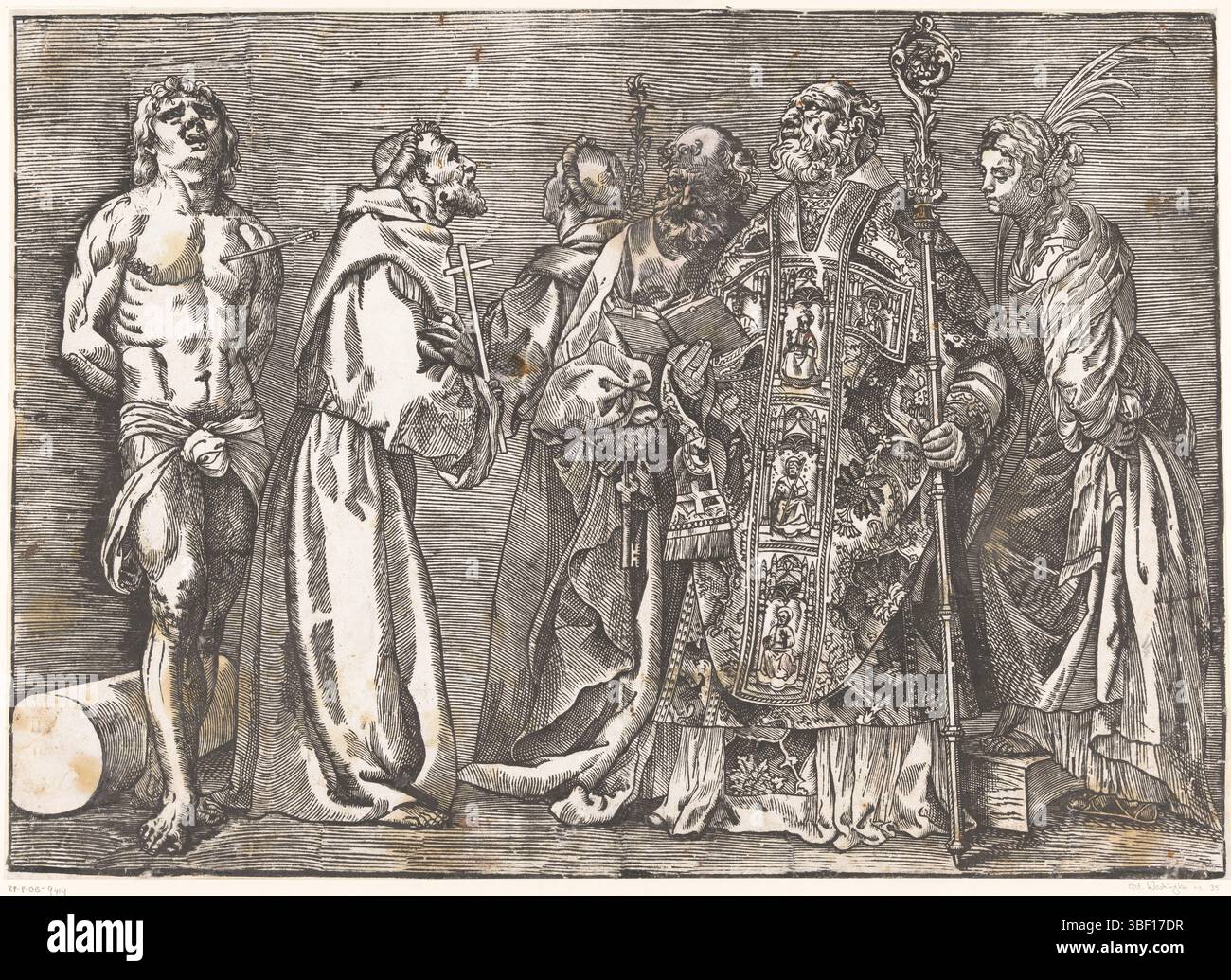 Italia, Boldrini, Nicolò, Venezia, Tiziano, sei santi in piedi, Italia, timbrati verso, sei santi, affiancati: Sebastiaan con freccia nel petto, Francisco con croce, Antonio con giglio, Pietro con chiave, Nicola di Myra con libro e bastone storto e Caterina con ramo palmo del martirio., stampa, altezza 383 mm, larghezza 537 mm, italiano, 1488 - 1576-08-27, stampatore, 1535 - 1535, secondo quarto del xvi secolo, carta, legno, 1500, taglierina a blocchi, tagliato in legno Foto Stock