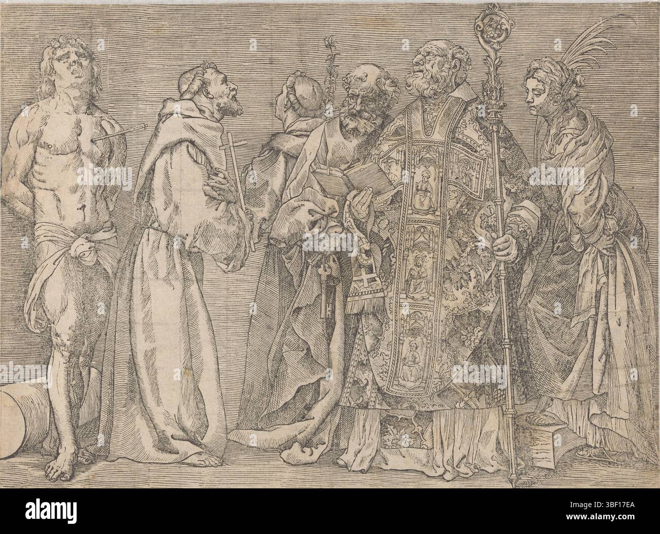 Italia, Boldrini, Nicolò, Venezia, Tiziano, sei santi in piedi, Italia, timbrati verso, sei santi, affiancati: Sebastiaan con freccia nel petto, Francisco con croce, Antonio con giglio, Pietro con chiave, Nicola di Myra con libro e bastone storto e Caterina con ramo palmo del martirio., stampa, altezza 370 mm, larghezza 500 mm, italiano, 1488 - 1556-08-27, stampatore, 1535 - 1535, secondo quarto del xvi secolo, carta, xilografia, 1500, taglierina a blocchi Foto Stock