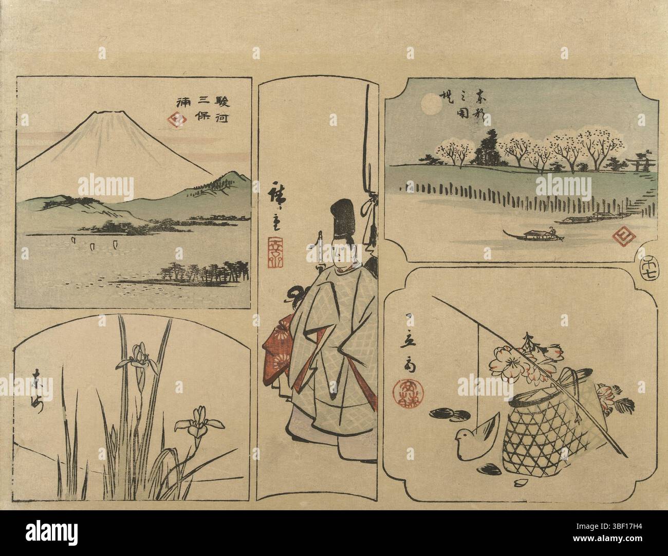 Tokyo, Takenouchi Magohachi (Hoeido), Giappone, Hiroshige (i), Utagawa, Harimaze con Fuji, Foglio con cinque piccole cartoline di preghiera; paesaggio fluviale con barca e luna piena; corteggiamento; Monte Fuji visto dalla spiaggia mio a Suruga; Iris fioriti; anatra giocattolo con cesto e fiore., stampa, harimaze, stampe, Giappone (collezione), altezza 225 mm, larghezza 330 mm, giapponese, 1797 - 1858, macchina per stampa, 1858 - 1858, terzo quarto del xix secolo, carta, nishiki-e, xilografia a colori, xilografia a colori, pubblicazione (evento), pubblicazione, editore Foto Stock