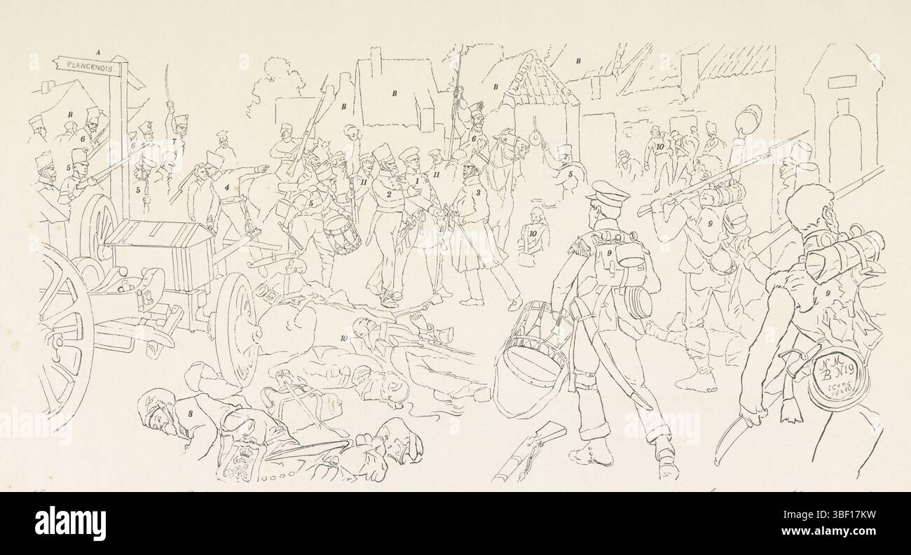 Hoynck van Papendrecht, Jan, Paesi Bassi, Bas, Francois de, primo incontro delle truppe olandesi e prussiane, la sera del 18 giugno 1815 dopo la battaglia di Waterloo, vicino alla Maison du ROI. Spiegazione della riproduzione del dipinto di J. Hoynck van Papendrecht, a sua Maestà la Regina in occasione del matrimonio Hoogd derzelver offerto dall'esercito, chiave per il dipinto dell'incontro delle truppe olandesi e prussiane dopo la battaglia di Waterloo, 1815, verso - timbrato, chiave appartenente a una riproduzione del dipinto di Hoynck van Papendrecht che rappresenta l'incontro delle truppe olandesi e prussiane dopo Foto Stock