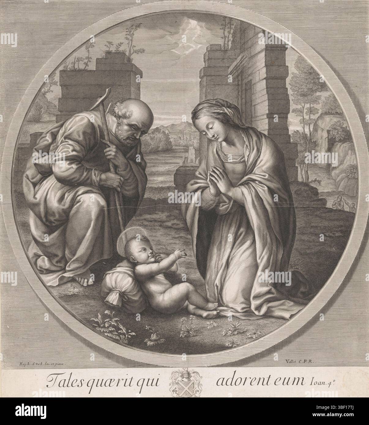 Francia, corona francese, Raffaello, Parigi, Vallet, Guillaume, Adorazione di Jozef e Maria, Francia, verso - stampato, stampa, altezza 406 mm, larghezza 376 mm, francese, 1632-12-06 - 1704-07-01, stampatrice, 1661-1704, carta, incisione, incisione (processo di stampa), tratteggiata, 1483-04-07 - 1520-04-07, dopo, per pittura, fornitore di privilegi Foto Stock