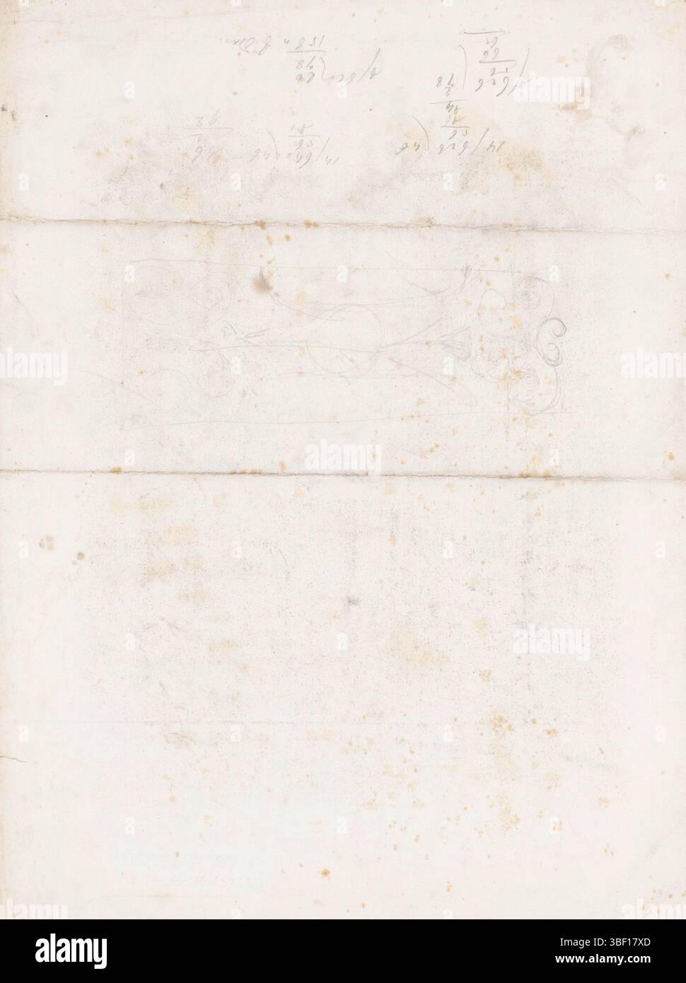 Sconosciuto, elemento decorativo architettonico, sconosciuto, elemento decorativo allungato, a destra del centro del foglio con vari calcoli matematici a destra., disegno, stampe, altezza 400 mm, larghezza 288 mm, draggtsman, disegnatore, 1860 - 1899, carta, matita, matita Foto Stock