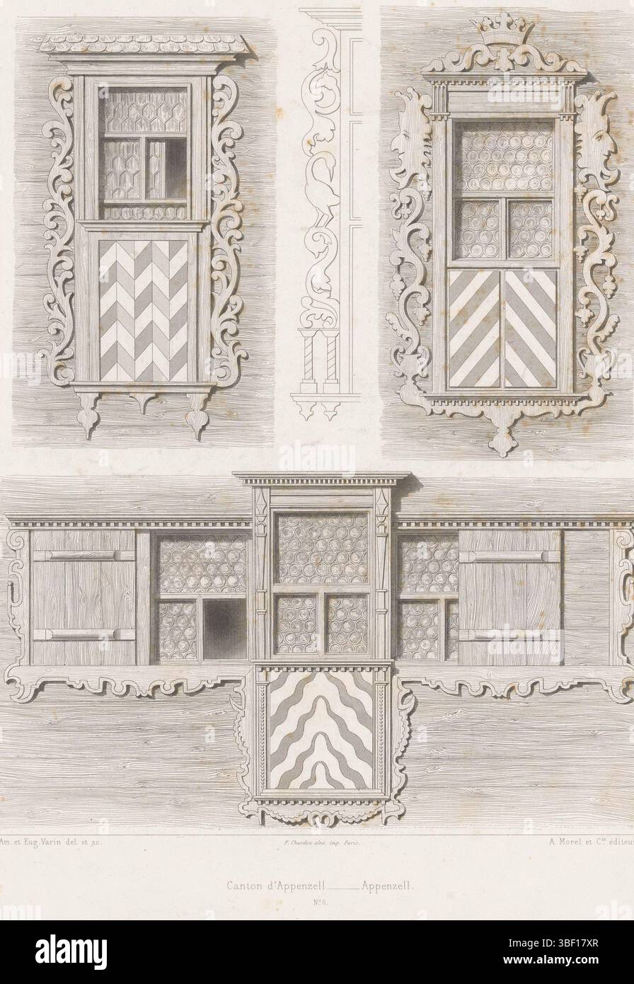 Parigi, Morel & Cie, A., Parigi, Chardon ainé, F., Francia, Varin, Pierre Amedée, Eugène-Napoléon, l'Architecture Pittoresque e Suisse ou Choix de Constructions Rustiques, recto in alto a destra - scritto a mano in blu, numerato al centro sotto: n. 6. Parte di copertina con quattro stampe, stampa, tre facce su finestre con elementi decorativi di una casa nel Canton Appenzello, Canton d'Appenzell - Appenzell, a, altezza 343 mm, larghezza 248 mm, francese, 1818-09-27 - 1883-10-27, stampatore, 1860 - 1860, carta, incisione, incisione, incisione (processo di stampa), 1831-02-15 - 1911-04-12, cassetto intermedio, disegno o Foto Stock
