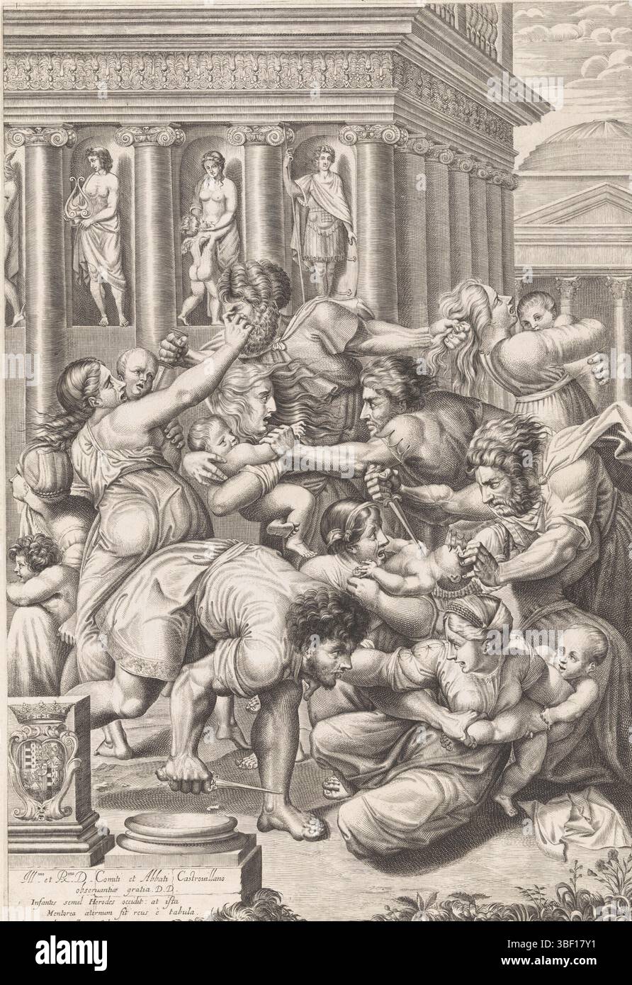 Città del Vaticano, Raffaello, Roma, Vouillemont, Sébastien, omicidio di bambini a Betlemme, verso - timbrato, stampa, altezza 467 mm, larghezza 322 mm, francese, 1610 - 1660, stampatore, 1641 - 1641, carta, incisione, incisione (processo di stampa), concetto di lavoro, 1483-04-07 - 1520-04-07' Foto Stock