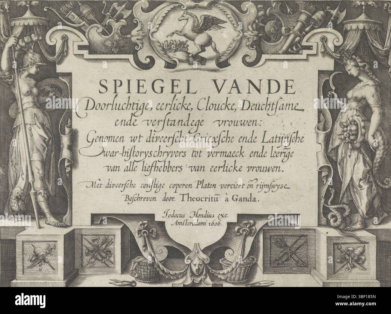 Homepage: Theocritus à Ganda, Specchio dell'arioso, onorevole, nuvoloso, deuchtsame, e le donne intellettuali, 1606, frontespizio ornamentale con Minerva e Cerere, Amsterdam, verso - timbrato, Cartouche con il titolo fiancheggiato dalla dea Minerva a sinistra, con scudo, lancia e gufo, e dalla dea Cerere a destra, con falce e corno di abbondanza. Al centro di un cartiglio il cavallo alato Pegasus e il Muzen., stampa, frontespizio, stampe, altezza 145 mm, larghezza 195 mm, Noord-Nederlands, 1561 - 1604, stampatore, 1606 - 1606, carta, incisione, incisione (processo di stampa), concetto di lavoro, 1565 - 162 Foto Stock