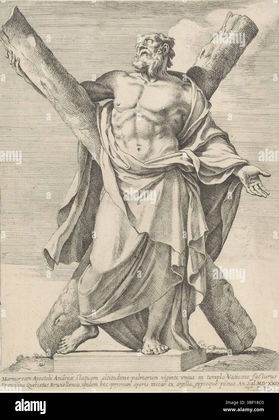 Sconosciuto, Du Quesnoy, Francesco, H. Andreas con la sua croce, sconosciuto, verso - timbrato, Sant'Andrea con la sua croce. Alla statua di San Pietro nella città del Vaticano. Sotto la rappresentazione un testo a due righe in latino., stampa, altezza 400 mm, larghezza 288 mm, stampatore, 1629 - 1629, carta, incisione, 1597-01-12 - 1643-07-12, a immagine di, fornitore di privilegi Foto Stock