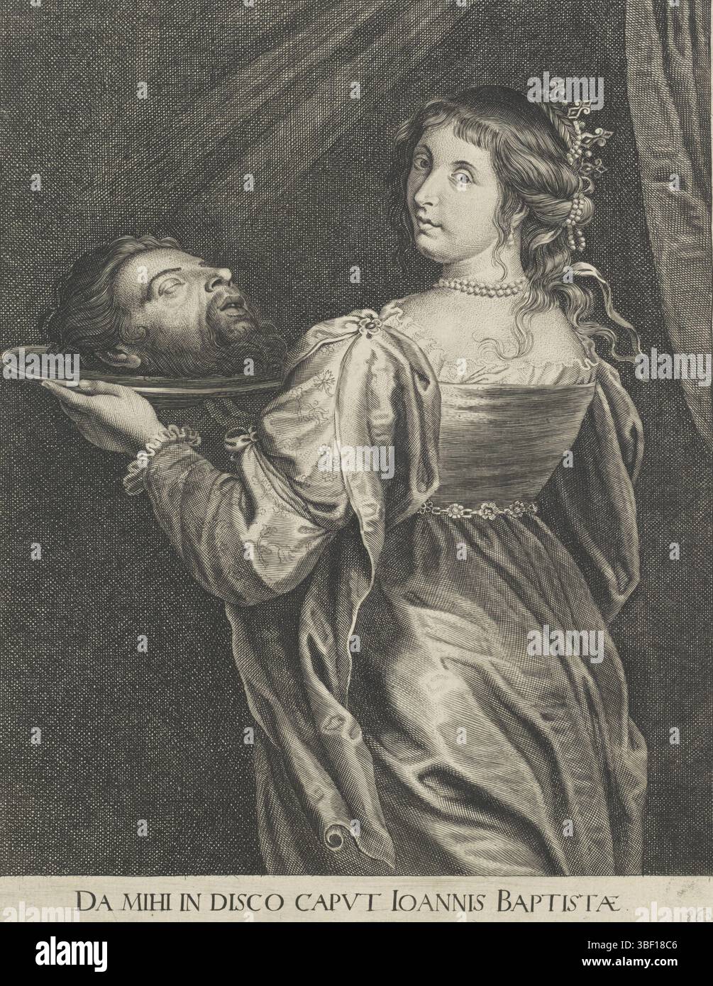 Anversa, Meyssens, Joannes, Seghers, Gerard, Neefs, Jacob, da mihi in disco caput Joannis Baptista, Salome con la testa di Johannes de Baptist, Anversa, con il verso - timbrato, Salome, visto sul retro, con una corona e perle nei capelli, guarda sulla spalla indossando la testa di Johannes de Baptist su una scala., stampa, carta, incisione, processo di stampa), Work Conception, Paesi Bassi meridionali, 1591 - 1651-03-18, dopo la progettazione, pubblicazione (evento), pubblicazione, 1612-05-17 - 1670-09-18, editore Foto Stock