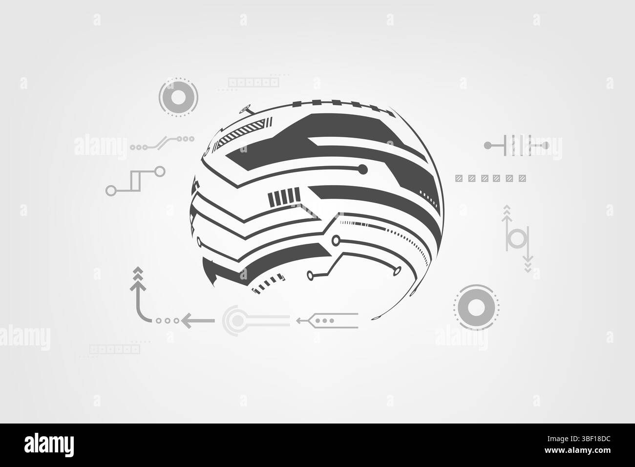 Globo 3D astratto con linee di circuiti digitali ed elementi tecnologici futuristici, simbolo di tecnologia e connettività innovative, illustrazione vettoriale Illustrazione Vettoriale