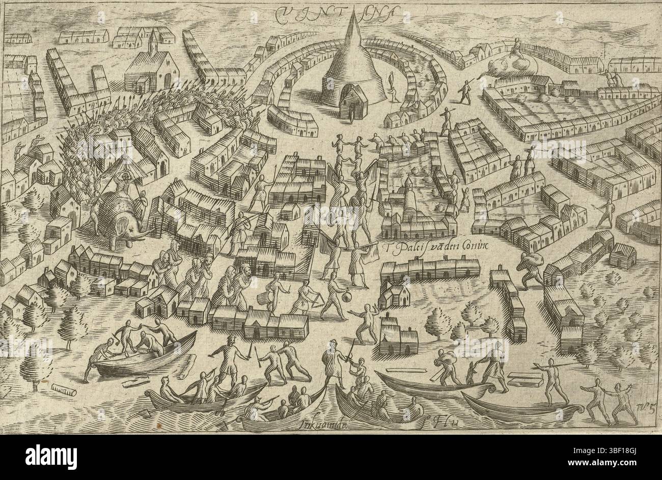 Berckenrode, Floris Balthasarsz. Dai Paesi Bassi settentrionali, Vintana, visita alla città di Vintana su Ceylon, 1602, visita alla città di Vintana vicino a Kandy su Ceylon, 1602 luglio. In fondo all'arrivo delle barche con gli olandesi in città. Al centro un tempio. Copie Mirrorose delle illustrazioni originali di Floris Balthasarsz. Van Berckenrode nel racconto del viaggio da Joris van Spilbergen alle Indie Orientali nel 1601-1604. N. 5., stampa, lastre storico Frederik Muller, altezza 140 mm, larghezza 220 mm, stampatrice, 1644 - 1646, secondo quarto del xvii secolo, carta, incisione, incisione Foto Stock Berckenrode, Floris Balthasarsz. Dai Paesi Bassi settentrionali, Vintana, visita alla città di Vintana su Ceylon, 1602, visita alla città di Vintana vicino a Kandy su Ceylon, 1602 luglio. In fondo all'arrivo delle barche con gli olandesi in città. Al centro un tempio. Copie Mirrorose delle illustrazioni originali di Floris Balthasarsz. Van Berckenrode nel racconto del viaggio da Joris van Spilbergen alle Indie Orientali nel 1601-1604. N. 5., stampa, lastre storico Frederik Muller, altezza 140 mm, larghezza 220 mm, stampatrice, 1644 - 1646, secondo quarto del xvii secolo, carta, incisione, incisione Foto Stock