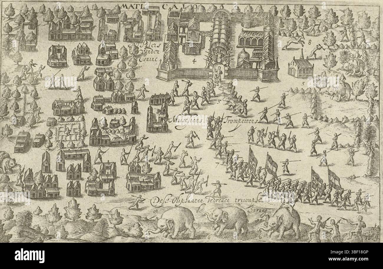 Paesi Bassi settentrionali, Berckenrode, Floris Balthasarsz. Van, Maticalo, arrivo di Van Spilbergen a Batticaloa a Ceylon, 1602, Paesi Bassi settentrionali, arrivo di Van Spilbergen al re a Batticaloa a Ceylon, 5 giugno 1602. A destra la processione con gli olandesi, in primo piano elefanti, sullo sfondo il palazzo del re. Parte delle illustrazioni originali di Floris Balthasarsz. Van Berckenrode nel resoconto del viaggio da Joris van Spilbergen all'India orientale nel 1601-1604. N. 4, stampa, news, stampe, lastre di Frederik Muller History, altezza 140 mm, larghezza 220 mm, 1562 - 1616-12 Foto Stock Paesi Bassi settentrionali, Berckenrode, Floris Balthasarsz. Van, Maticalo, arrivo di Van Spilbergen a Batticaloa a Ceylon, 1602, Paesi Bassi settentrionali, arrivo di Van Spilbergen al re a Batticaloa a Ceylon, 5 giugno 1602. A destra la processione con gli olandesi, in primo piano elefanti, sullo sfondo il palazzo del re. Parte delle illustrazioni originali di Floris Balthasarsz. Van Berckenrode nel resoconto del viaggio da Joris van Spilbergen all'India orientale nel 1601-1604. N. 4, stampa, news, stampe, lastre di Frederik Muller History, altezza 140 mm, larghezza 220 mm, 1562 - 1616-12 Foto Stock