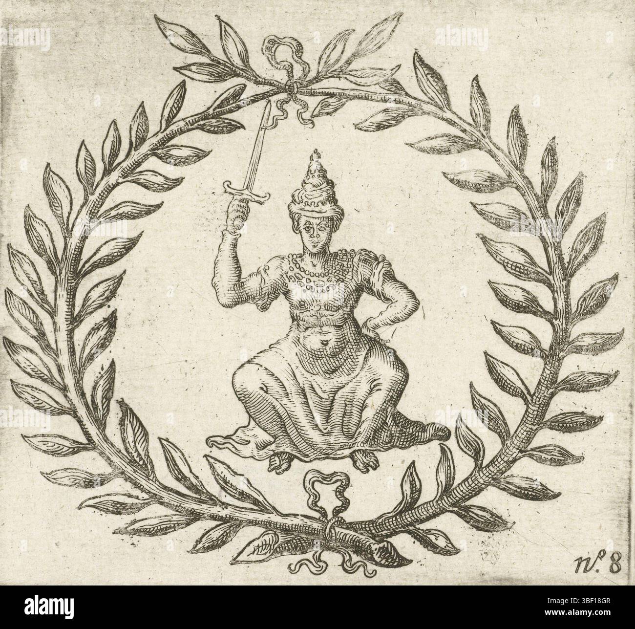 Paesi Bassi settentrionali, Berckenrode, Floris Balthasarsz. Van, d'Wapen ende Cachet vanden Coninck van Celon, Arms and Seal of the King of Ceylon, 1602, Paesi Bassi settentrionali, stemma e sigillo del re di Ceylon, 1602. Guerriero schiacciato con pugnale, in una corona di rami. Parte delle illustrazioni originali di Floris Balthasarsz. Van Berckenrode nel resoconto del viaggio da Joris van Spilbergen all'India orientale nel 1601-1604. N. 8., stampa, lastre storico Frederik Muller, altezza 91 mm, larghezza 97 mm, 1562 - 1616-12-10, stampatore, 1603 - 1605, secondo quarto del xvii secolo, carta, incisione, Foto Stock Paesi Bassi settentrionali, Berckenrode, Floris Balthasarsz. Van, d'Wapen ende Cachet vanden Coninck van Celon, Arms and Seal of the King of Ceylon, 1602, Paesi Bassi settentrionali, stemma e sigillo del re di Ceylon, 1602. Guerriero schiacciato con pugnale, in una corona di rami. Parte delle illustrazioni originali di Floris Balthasarsz. Van Berckenrode nel resoconto del viaggio da Joris van Spilbergen all'India orientale nel 1601-1604. N. 8., stampa, lastre storico Frederik Muller, altezza 91 mm, larghezza 97 mm, 1562 - 1616-12-10, stampatore, 1603 - 1605, secondo quarto del xvii secolo, carta, incisione, Foto Stock