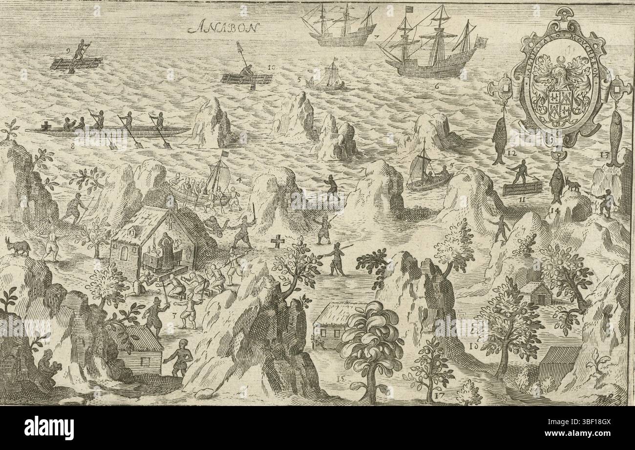 Paesi Bassi settentrionali, Berckenrode, Floris Balthasarsz. Di, Anabon, cattolici francesi uccisi dai portoghesi a Annobón, 1601, Paesi Bassi settentrionali, 1600-1601. A destra, l'arma di Balthazar de Moucheron, finanziate il viaggio. Parte delle illustrazioni originali di Floris Balthasarsz. Van Berckenrode nel resoconto del viaggio da Joris van Spilbergen all'India orientale nel 1601-1604. N. 3., stampa, lastre storico Frederik Muller, altezza 140 mm, larghezza 220 mm, 1562 - 1616-12-10, stampatore, 1603 - 1605, primo quarto xvii secolo, secondo quarto xvii secolo, carta, incisione, incisione (stampa proc Foto Stock Paesi Bassi settentrionali, Berckenrode, Floris Balthasarsz. Di, Anabon, cattolici francesi uccisi dai portoghesi a Annobón, 1601, Paesi Bassi settentrionali, 1600-1601. A destra, l'arma di Balthazar de Moucheron, finanziate il viaggio. Parte delle illustrazioni originali di Floris Balthasarsz. Van Berckenrode nel resoconto del viaggio da Joris van Spilbergen all'India orientale nel 1601-1604. N. 3., stampa, lastre storico Frederik Muller, altezza 140 mm, larghezza 220 mm, 1562 - 1616-12-10, stampatore, 1603 - 1605, primo quarto xvii secolo, secondo quarto xvii secolo, carta, incisione, incisione (stampa proc Foto Stock