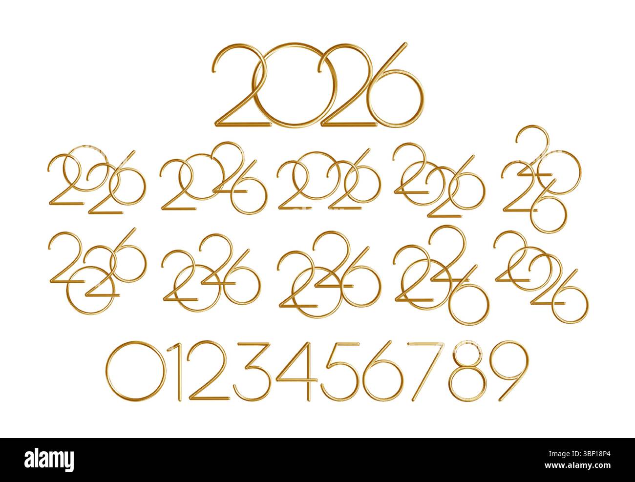 Eleganti numeri dorati Design per 2026 e cifre, sfondo con illustrazione vettoriale, linee fluide e un carattere moderno contemporaneo Illustrazione Vettoriale