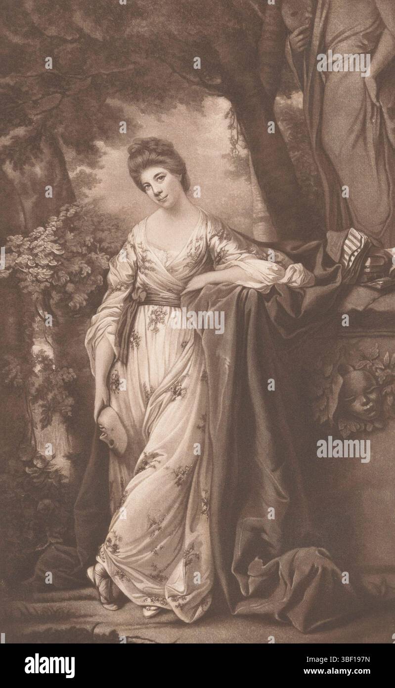 Reynolds, Joshua, Gran Bretagna, Watson, James, ritratto di Frances Abington-Barton come Thalia, verso - timbrato, Ritratto di Frances Abington-Barton. Si trova accanto a una statua e ha una maschera nella mano destra., stampa, Frankenportretten, altezza 266 mm, larghezza 168 mm, inglese, 1740 - 1790-05-20, stampatore, 1755 - 1790, carta, mezzotint, 1723-06-26 - 1792-02-23 Foto Stock