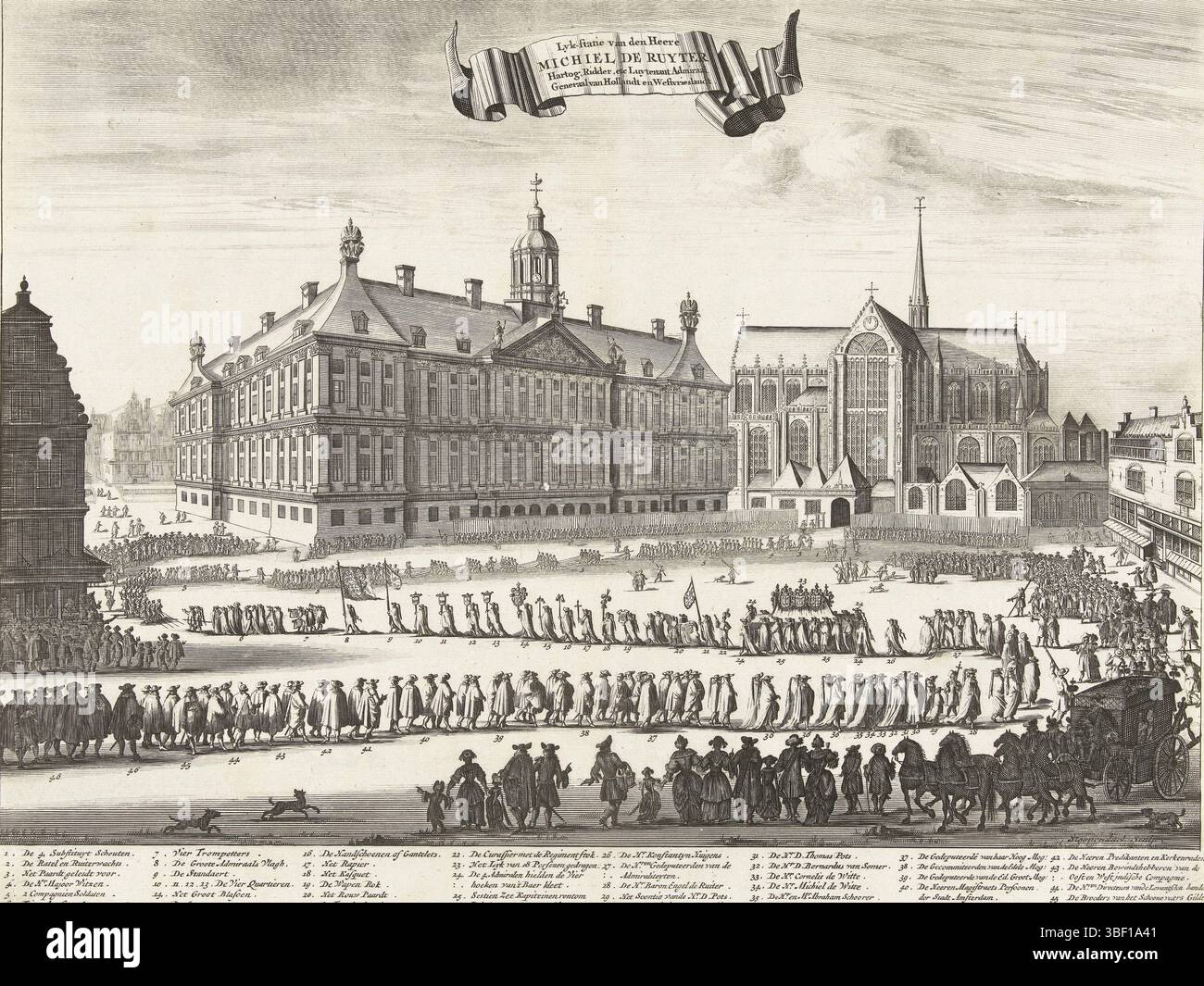 Luyken, Jan, Amsterdam, Stopendael, Bastiaen, Lyk-station van den Heere Michiel de Ruyter Hartog, Ridder, ecc. Luytenant-Admiral General van Hollandt en Westvrieslandt, processione di sepoltura di Michiel de Ruyter, 1677, processione funebre di Michiel de Ruyter il 18 marzo 1677. La processione funebre riguarda la diga lungo il municipio fino al Nieuwe Kerk ad Amsterdam. Nella didascalia della legenda 1-46., stampa, storico, illustrazione del libro, stampe, Frederik Muller History registra, la processione funebre di Michiel de Ruyter ad Amsterdam il 18 marzo 1677. La processione attraversa la diga lungo la città Foto Stock