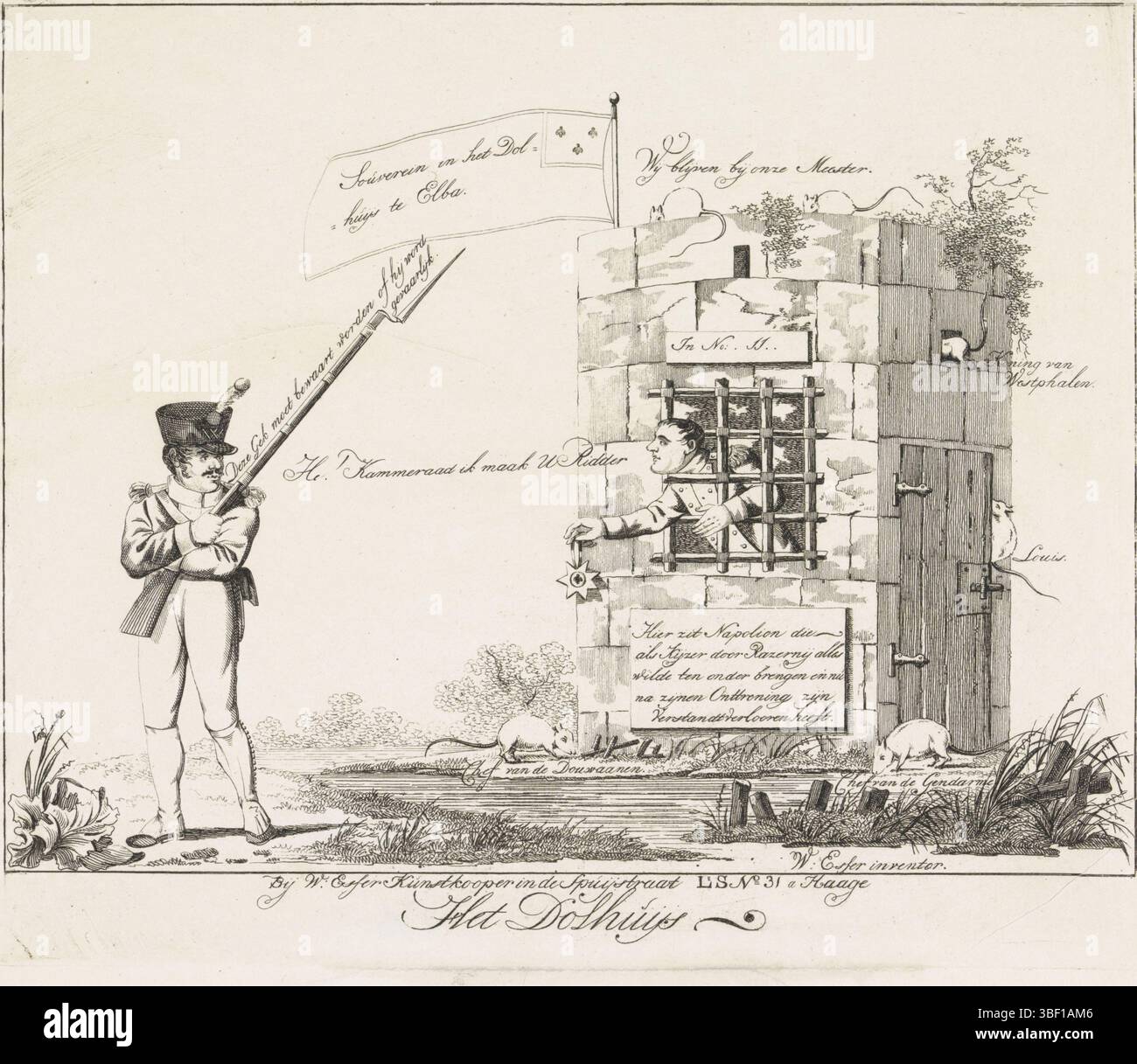 Den Haag, Esser, Wijnand, Den Haag, Het Dolhuijs, l'Aia, timbrato verso, Spotprent sull'esilio di Napoleone all'Elba, 1814. Napoleone come un pericoloso lunatico chiuso in una casa di pietra. Sta cercando di corrompere una guardia con una croce di cavalieri per liberarlo. I topi corrono intorno alla prigione. Sulla sommità dell'edificio, una bandiera con la scritta "Souver in het Dolhuijs te Elba"., stampa, riflettori, stampe, Frederik Muller piatti storici, altezza 230 mm, larghezza 276 mm, olandese, 1779-05-21 - 1860-05-09, stampatrice, 1814 - 1814, carta, incisione, incisione, incisione (processo di stampa), concezione del lavoro, accordo Foto Stock
