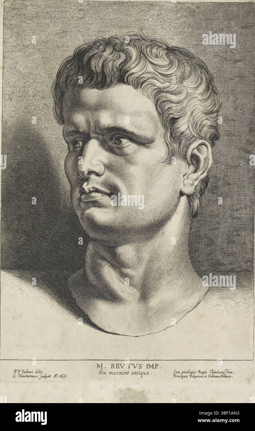 Filippo IV (re di Spagna), Filippo III (re di Spagna), Rubens, Pietro Paolo, Anversa, Vorsterman, Lucas, busti antichi, Buste di Marco Giunio Bruto, nel mezzo - inciso, busto dell'imperatore romano Marco Giunio Bruto. Stampa da una serie di dodici stampe con busti antichi, quattro delle quali di Lucas Vorsterman i e otto di Boëtius Adamsz. Bolswert., stampa, 2947, verso in basso a sinistra - scritto a mano, 787, recto in basso a destra - scritto a mano, L. Vortsreman sculpsit Ao. 1638, in basso a sinistra - inciso, P. Rubens delin., M. BRUTUS Imp., Ex marmore antiquo, altezza 288 mm, larghezza 194 mm, macchina di stampa, 1638 - Foto Stock