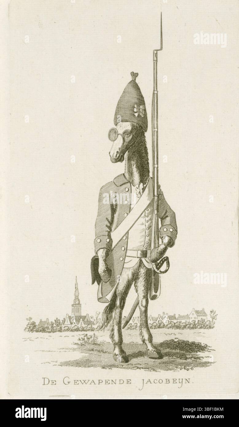 Paesi Bassi settentrionali, De Gearmde Jacobeyn, Spotprent op de Jacobijnen, 1790, Paesi Bassi settentrionali, verso - timbred, Spotprent op de Jacobijnen in Francia, 1789-1790. Asino, in piedi sulle zampe posteriori, vestito da patriota francese, con occhiali sul naso, cappello alto e kokarde, pistola sulla spalla. Sullo sfondo una piccola città., stampa, cartoni animati, stampe, lastre di storia di Frederik Muller, altezza 253 mm, larghezza 146 mm, stampatore, 1785 - 1790, carta, incisione, incisione, incisione (processo di stampa) Foto Stock