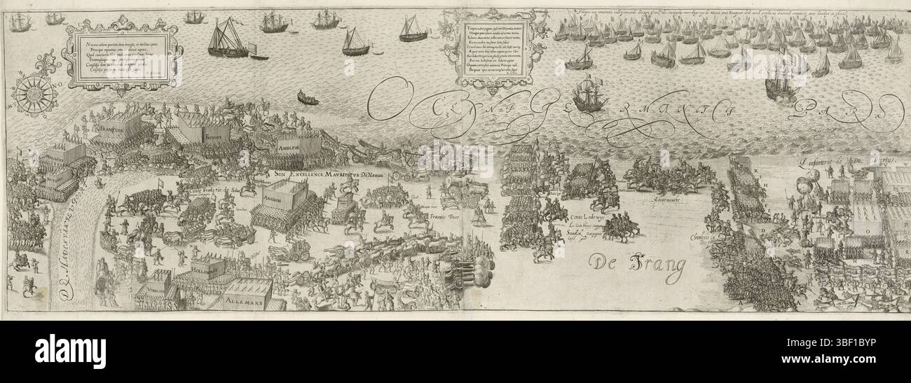 Grande, Hugo de, Paesi Bassi del Nord, Berckenrode, Floris Balthasarsz. Van, l'Esercito di Stato attraversa il porto di Nieuwpoort, 1600, l'Esercito di Stato al comando di Maurits attraversa il porto di Nieuwpoort; le prime schermaglie con i soldati spagnoli al comando di Alberto sulla spiaggia vicino a Nieuwpoort, il 2 luglio 1600. Proprio sopra il mare con la flotta davanti. In alto a sinistra e nel mezzo dei cartigli con versi di 4 e 10 righe in latino. Le iscrizioni nella performance in francese e olandese., stampa, carta da giornale, stampe, lastre storia Frederik Muller, altezza 300 mm, larghezza 896 mm, 1562 - 1616-12-10, stampatore, 1600 - 160 Foto Stock Grande, Hugo de, Paesi Bassi del Nord, Berckenrode, Floris Balthasarsz. Van, l'Esercito di Stato attraversa il porto di Nieuwpoort, 1600, l'Esercito di Stato al comando di Maurits attraversa il porto di Nieuwpoort; le prime schermaglie con i soldati spagnoli al comando di Alberto sulla spiaggia vicino a Nieuwpoort, il 2 luglio 1600. Proprio sopra il mare con la flotta davanti. In alto a sinistra e nel mezzo dei cartigli con versi di 4 e 10 righe in latino. Le iscrizioni nella performance in francese e olandese., stampa, carta da giornale, stampe, lastre storia Frederik Muller, altezza 300 mm, larghezza 896 mm, 1562 - 1616-12-10, stampatore, 1600 - 160 Foto Stock