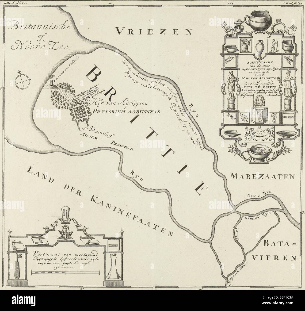 I Paesi Bassi, De Brittenburg vicino a Katwijk, Mappa delle Vecchia Acquatura dei Ryns in cambio di 't Hof van Agrippina, o l'ora chiamato Huys in Britte, Mappa storica della foce del Reno e della Casa in Britten, Paesi Bassi, Mappa storica della foce del Reno e della Casa in Britten e il Fireboot di Caligola vicino a Katwijk. Con cartiglio in cui titolo e reperti di antichità. Parte delle 8 mappe di G. van Loon, Aloude Hollandsche Histori... Dall'arrivo di Batavieren in... Olanda, 2 volumi, vicino a Pieter de Hond, l'Aia 1734. In base alla voce inserita in: Parte i, fol Foto Stock