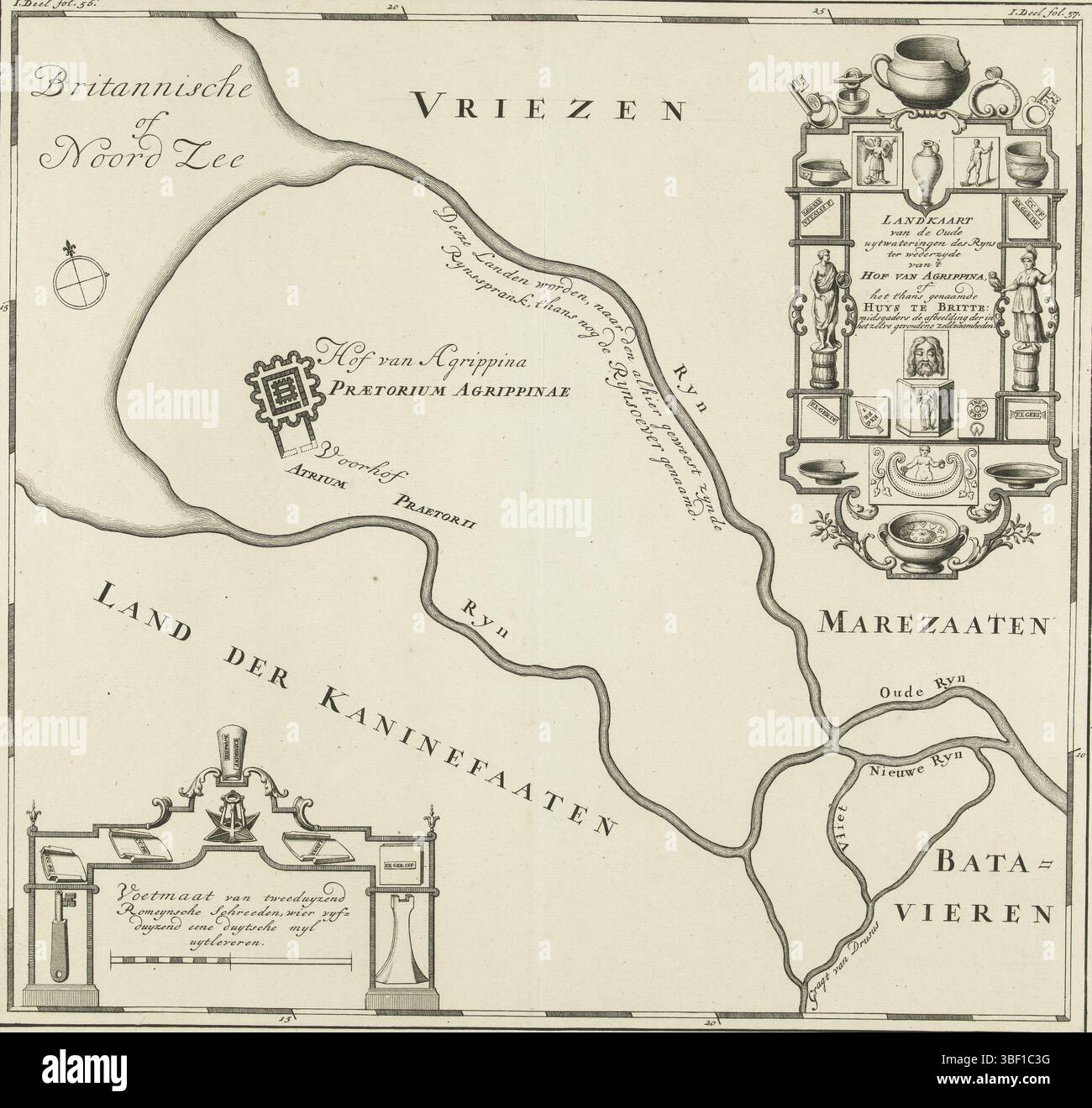 I Paesi Bassi, De Brittenburg vicino a Katwijk, Mappa della Vecchia irrigazione dei Ryns in cambio di 't Hof van Agrippina, o l'ora chiamato Huys in Britte, Mappa storica della foce del Reno e della Casa in Britten, Paesi Bassi, Mappa storica della foce del Reno e la Casa in Britten vicino a Katwijk. Con cartiglio in cui titolo e reperti di antichità. Parte delle 8 mappe di G. van Loon, Aloude Hollandsche Histori... Dall'arrivo di Batavieren in... Olanda, 2 volumi, vicino a Pieter de Hond, l'Aia 1734. In base alla voce inserita in: Parte i, fol. 56/57., stampa, storico, ma Foto Stock