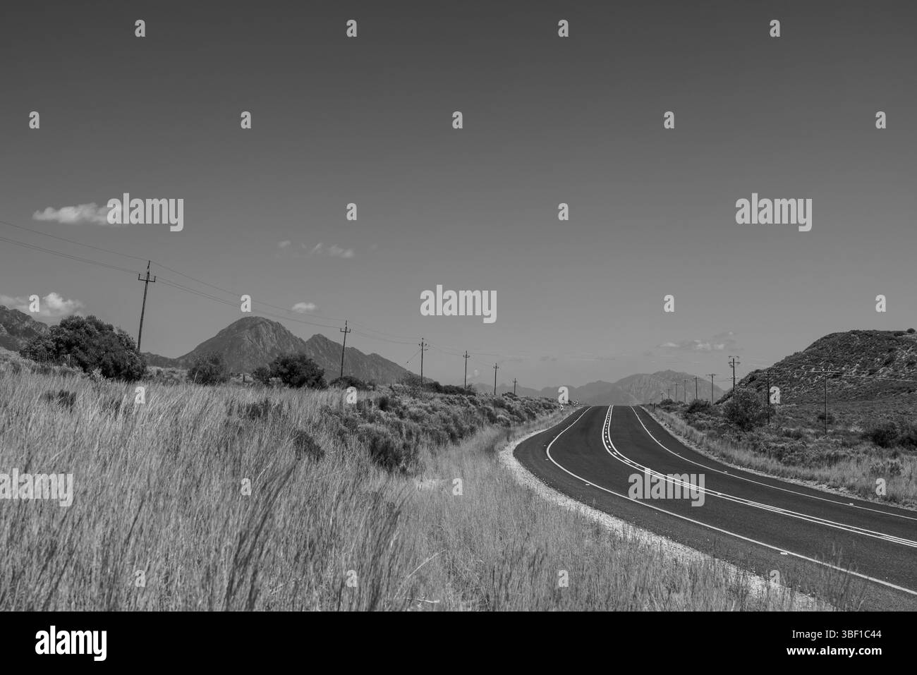 Foto in bianco e nero di una strada asfaltata che si snoda tra praterie e terreni di montagna nel Sudafrica rurale, con pali di potenza e cielo aperto. Foto Stock