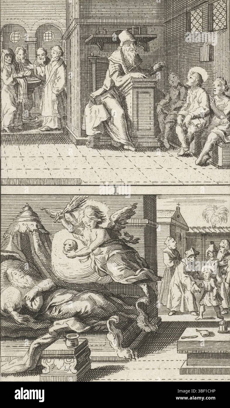 I Paesi Bassi, sconosciuto, Scene dalla vita di San Bonifacio, tavole i e II, ca. 672-754, tavole i e II episodi della sua infanzia. Seconda stampa di una serie di stampe sulla vita di San Bonifacio, costituita da una grande immagine del santo seguita da 8 lastre con due immagini numerate più piccole tra loro., stampa, storia, stampe, lastre di storia di Frederik Muller, altezza 122 mm, larghezza 73 mm, stampatore, 1640 - 1659, secondo quarto del xvii secolo, terzo quarto del xvii secolo, carta, incisione, incisione Foto Stock