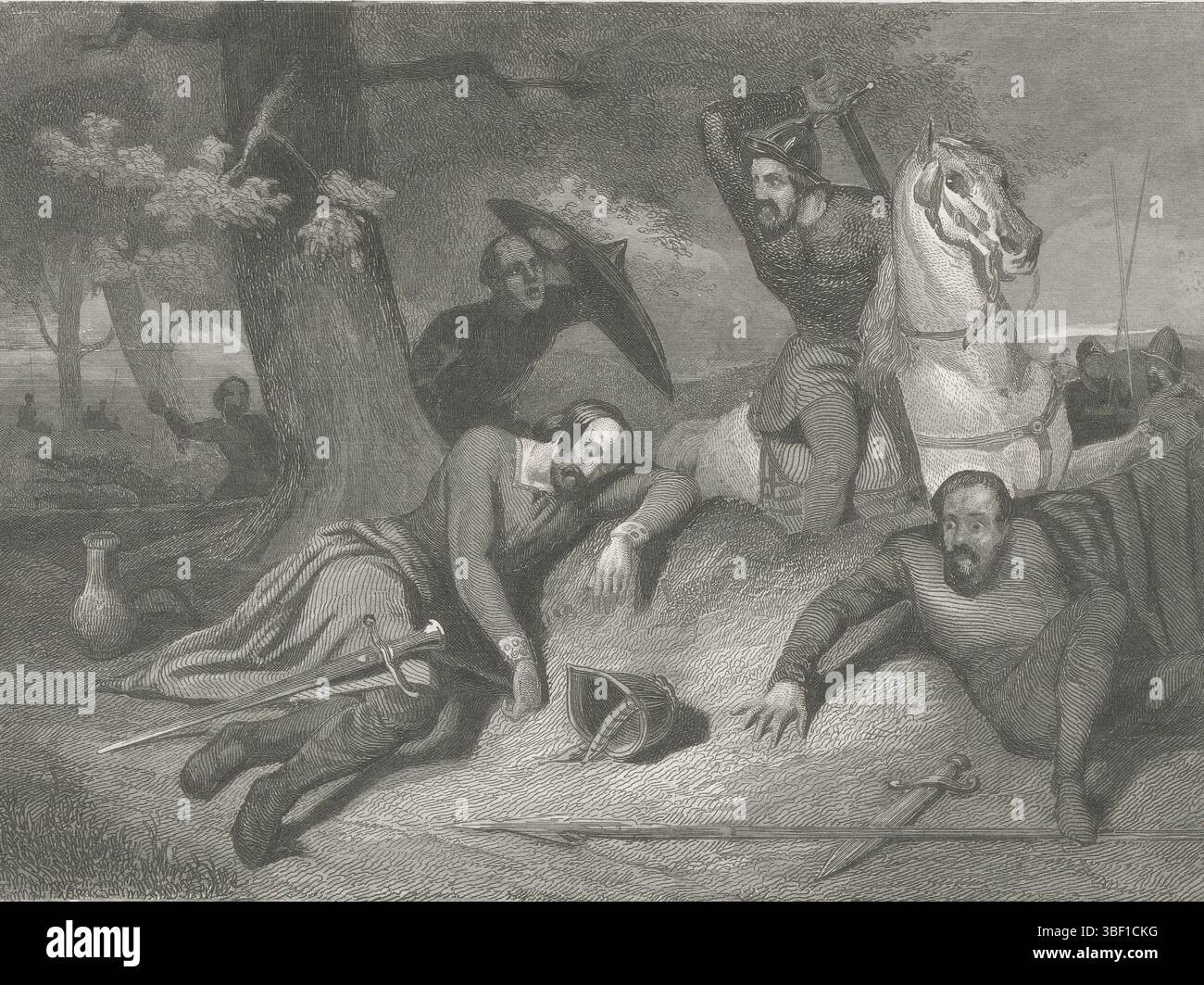 Craeyvanger, Reinier, Paesi Bassi, Kaiser, Johann Wilhelm (i), la morte del conte Floris i, omicidio su Floris i, 1061, il conte Floris i viene assassinato il 28 giugno 1061 a Nederhemert dormendo sotto un albero., stampa, storioprente, stampe, tavole di storia di Frederik Muller, altezza 132 mm, larghezza 178 mm, olandese, 1813-01-05 - 1900-11-29, incisore, 1839 - 1841, secondo quarto del xix secolo, carta, incisione in acciaio, 1812-02-29 - 1880-01-10, tiratore intermedio Foto Stock Craeyvanger, Reinier, Paesi Bassi, Kaiser, Johann Wilhelm (i), la morte del conte Floris i, omicidio su Floris i, 1061, il conte Floris i viene assassinato il 28 giugno 1061 a Nederhemert dormendo sotto un albero., stampa, storioprente, stampe, tavole di storia di Frederik Muller, altezza 132 mm, larghezza 178 mm, olandese, 1813-01-05 - 1900-11-29, incisore, 1839 - 1841, secondo quarto del xix secolo, carta, incisione in acciaio, 1812-02-29 - 1880-01-10, tiratore intermedio Foto Stock