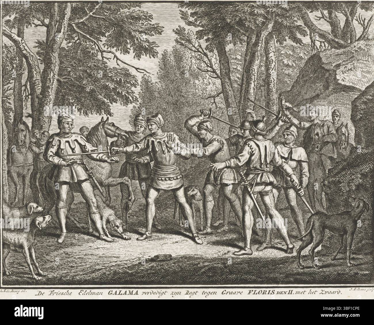 Dubourg, Louis Fabritius, Paesi Bassi settentrionali, Folkema, Jacob, de Friesche Edelman Galama difende il suo Regt contro Graave Floris den II. con la spada, le Fries Galama si difende contro il conte Floris II, il nobile frisone Galama difende con la spada il suo diritto contro il conte Floris II nell'anno 1112. Alla stampa una calligrafia con descrizione dell'evento., stampa, storico, stampe, Frederik Muller Historyplaten, altezza 183 mm, larghezza 205 mm, olandese, 1692 - 1767, macchina per stampa, 1747 - 1759, secondo quarto xviii secolo, terzo quarto xviii secolo, carta, incisione, 1693 - 1775-09-16, int Foto Stock Dubourg, Louis Fabritius, Paesi Bassi settentrionali, Folkema, Jacob, de Friesche Edelman Galama difende il suo Regt contro Graave Floris den II. con la spada, le Fries Galama si difende contro il conte Floris II, il nobile frisone Galama difende con la spada il suo diritto contro il conte Floris II nell'anno 1112. Alla stampa una calligrafia con descrizione dell'evento., stampa, storico, stampe, Frederik Muller Historyplaten, altezza 183 mm, larghezza 205 mm, olandese, 1692 - 1767, macchina per stampa, 1747 - 1759, secondo quarto xviii secolo, terzo quarto xviii secolo, carta, incisione, 1693 - 1775-09-16, int Foto Stock